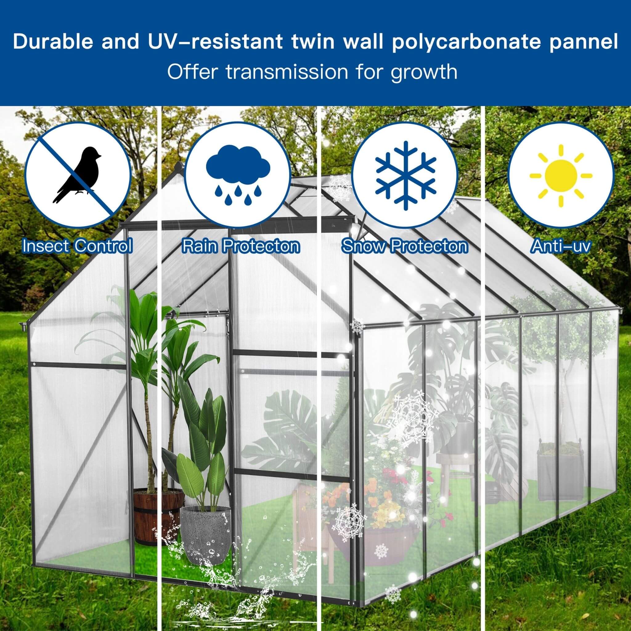 Greenhouse with features highlighted for insect control, rain protection, snow protection, and anti-UV light.