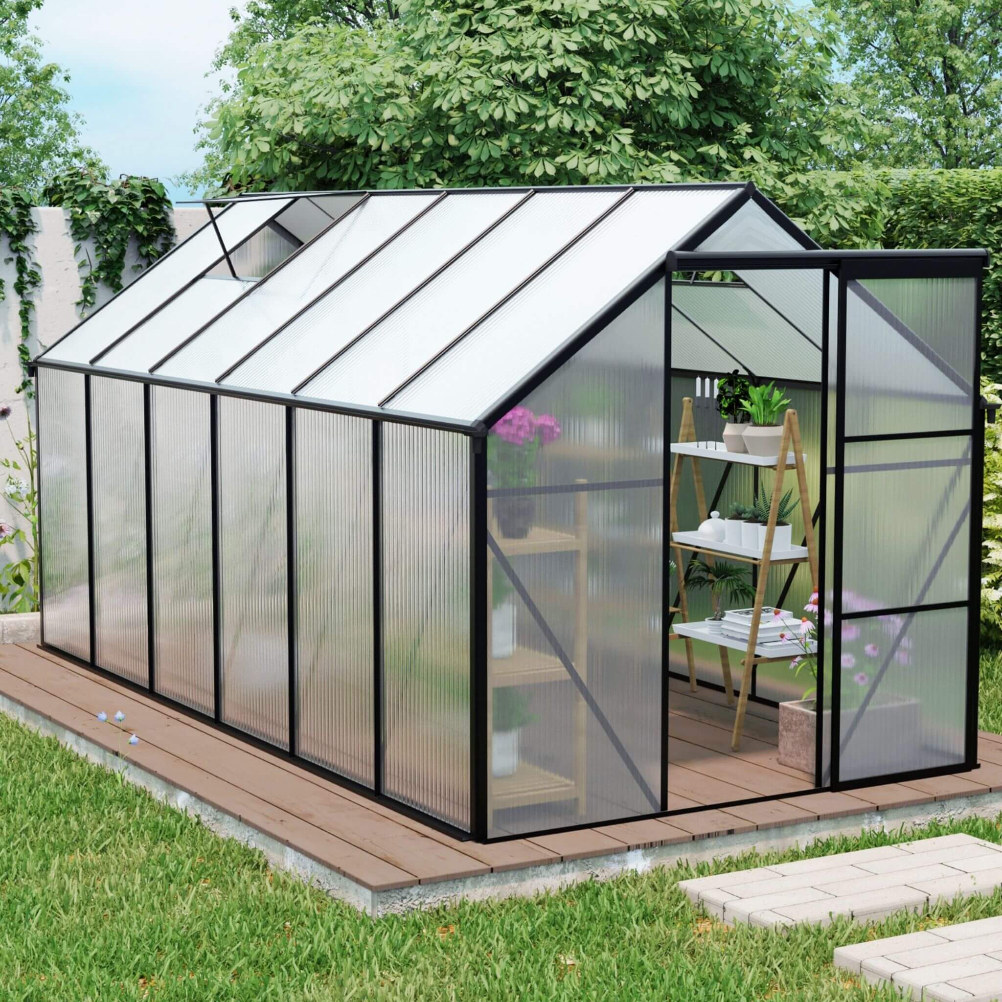 Glass greenhouse with shelves and plants in a garden setting
