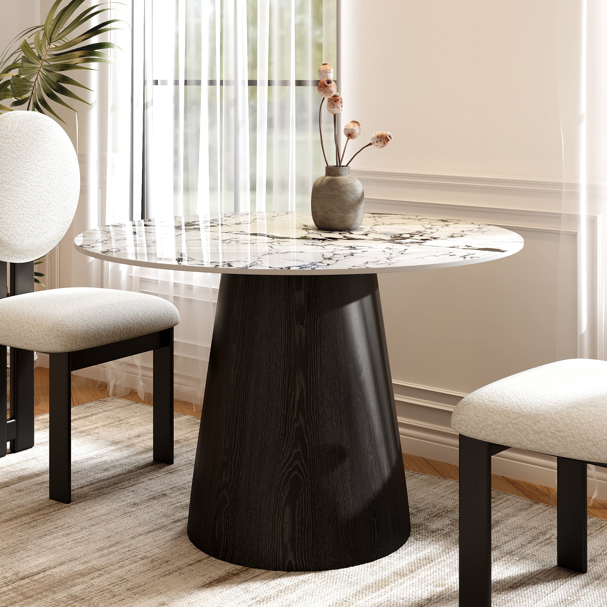 Small Round Modern Dining Table 43' Kitchen Table With Black Pedestal For 5 Person - White Black