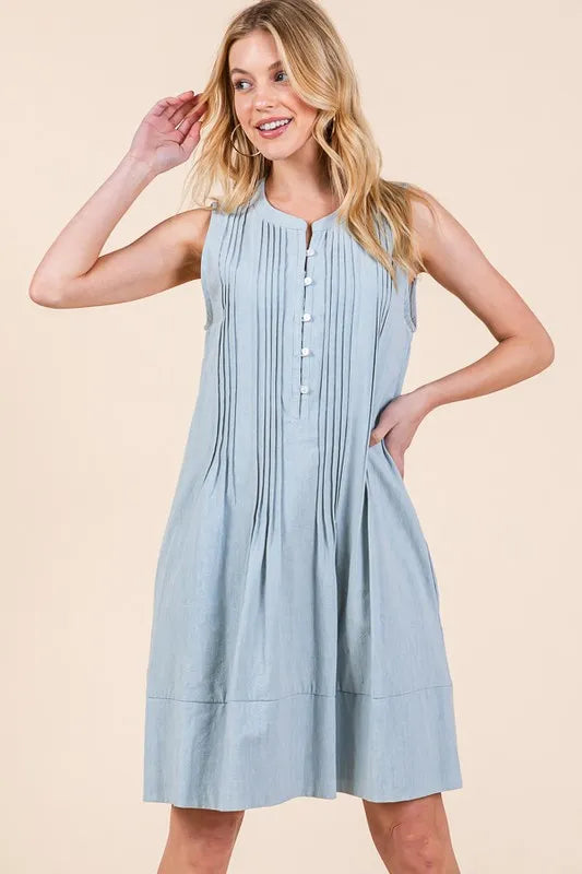 Lime 'N' Chili Denim Pintuck Detail Sleeveless Midi Dress