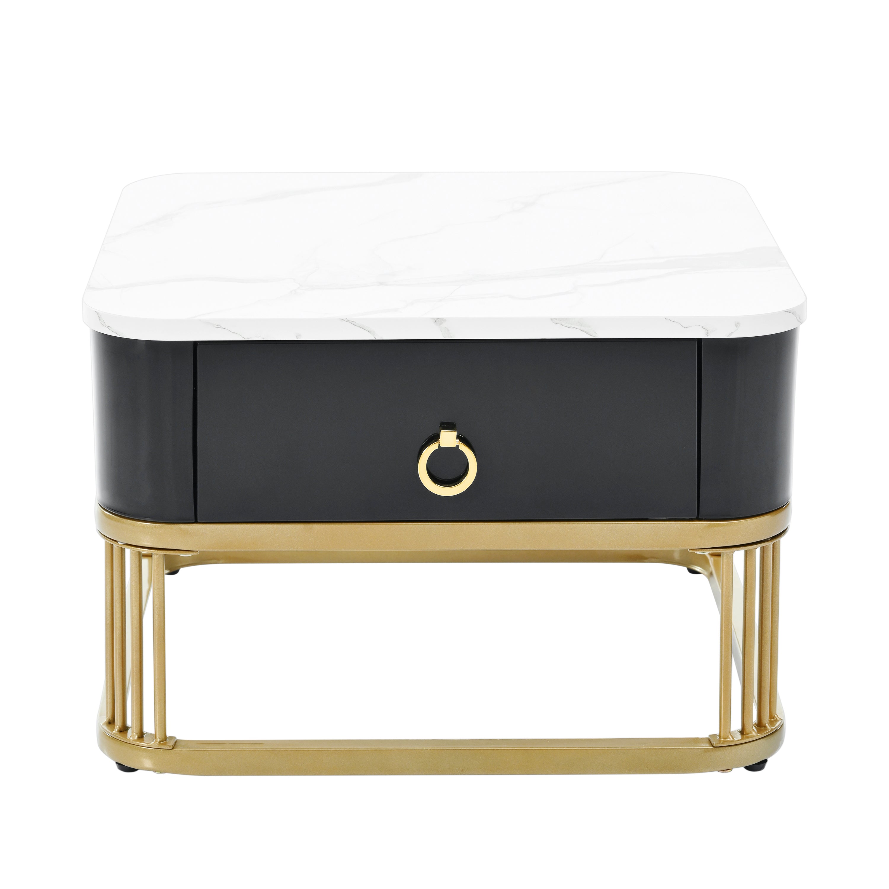 ON-TREND Nesting Coffee Table with Drawer, Set of 2, Exquisite Square Stacking Coffee Tables with Brown Tempered Glass, Side Table with High Gloss Marble Grain Tabletop for Living Room, Black