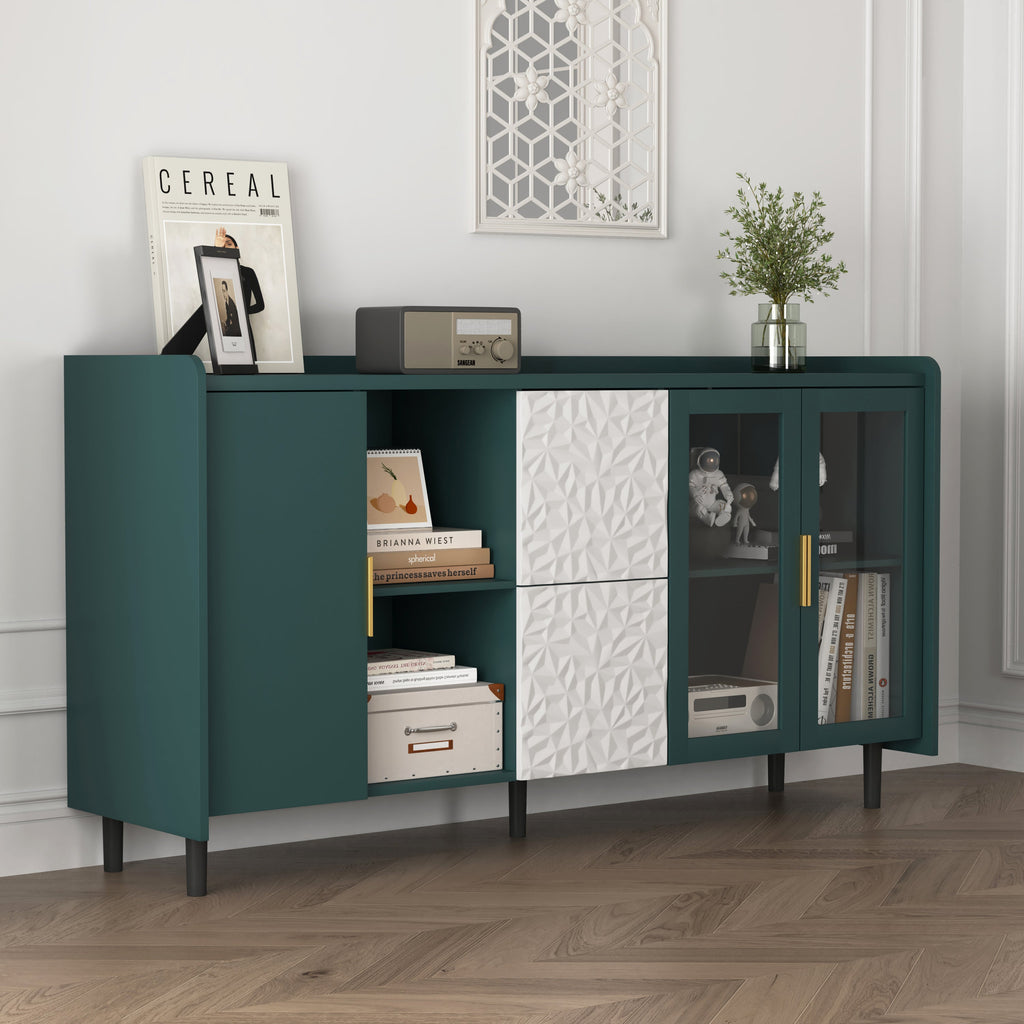 Modern Kitchen Pantry Storage Cabinet , 55" Coffee Bar Storage Cabinet with 2 Drawers, 2 Open Storage Compartment & 2 Glass Doors, Wood Buffet Table for Kitchen, Living Room, Green