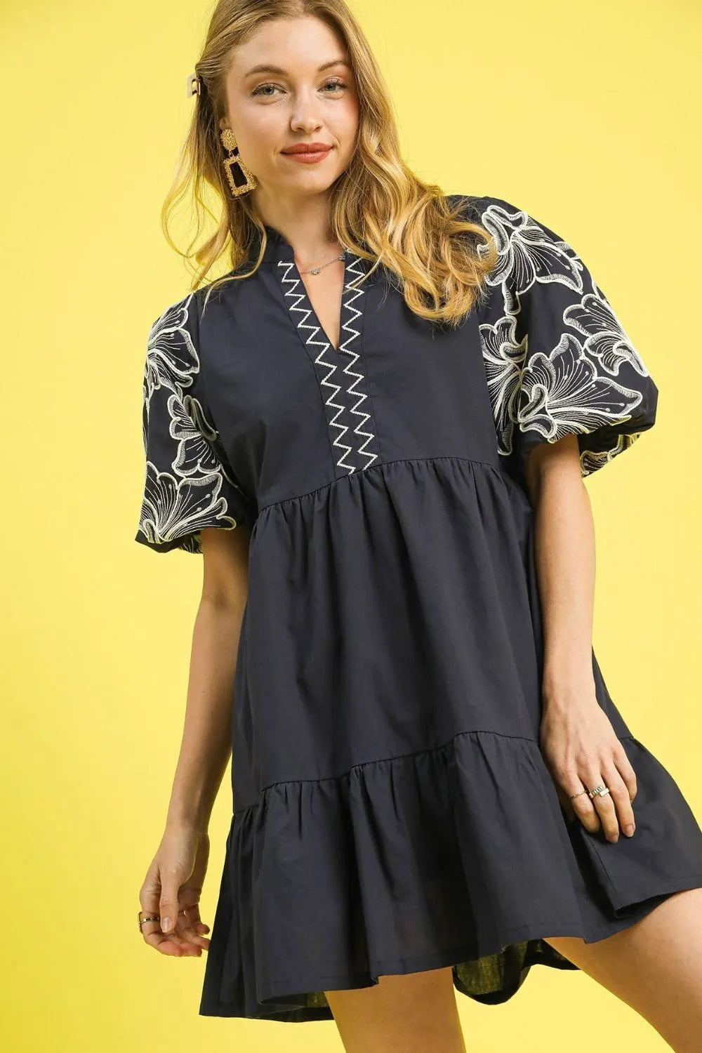 Umgee Tiered Embroidered Puff Sleeve Mini Dress