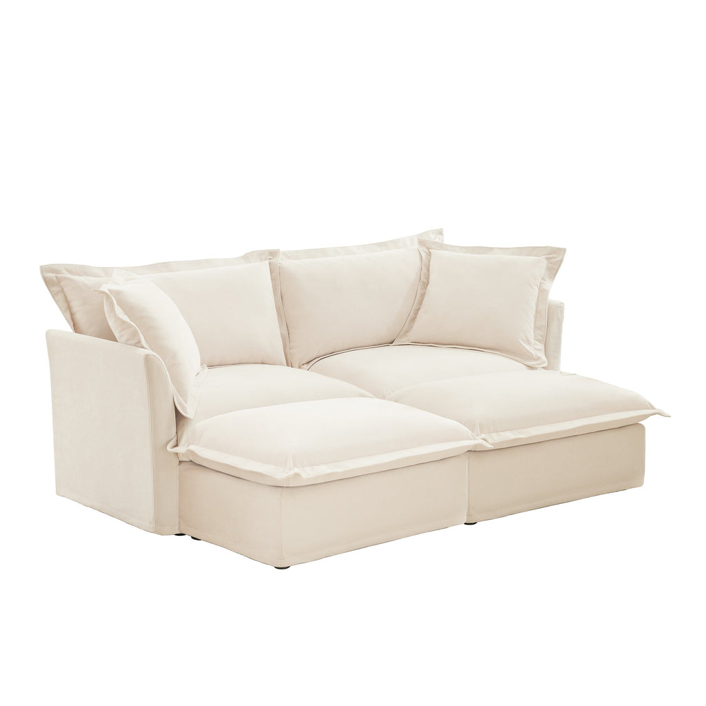 Slipcovered Sofa 2 Seater Sofa    With 2 Ottomans, 2 Seater Sleeper Sofa Bed Home Theater Oversized Sofa For Living Room, Chenille, Cream