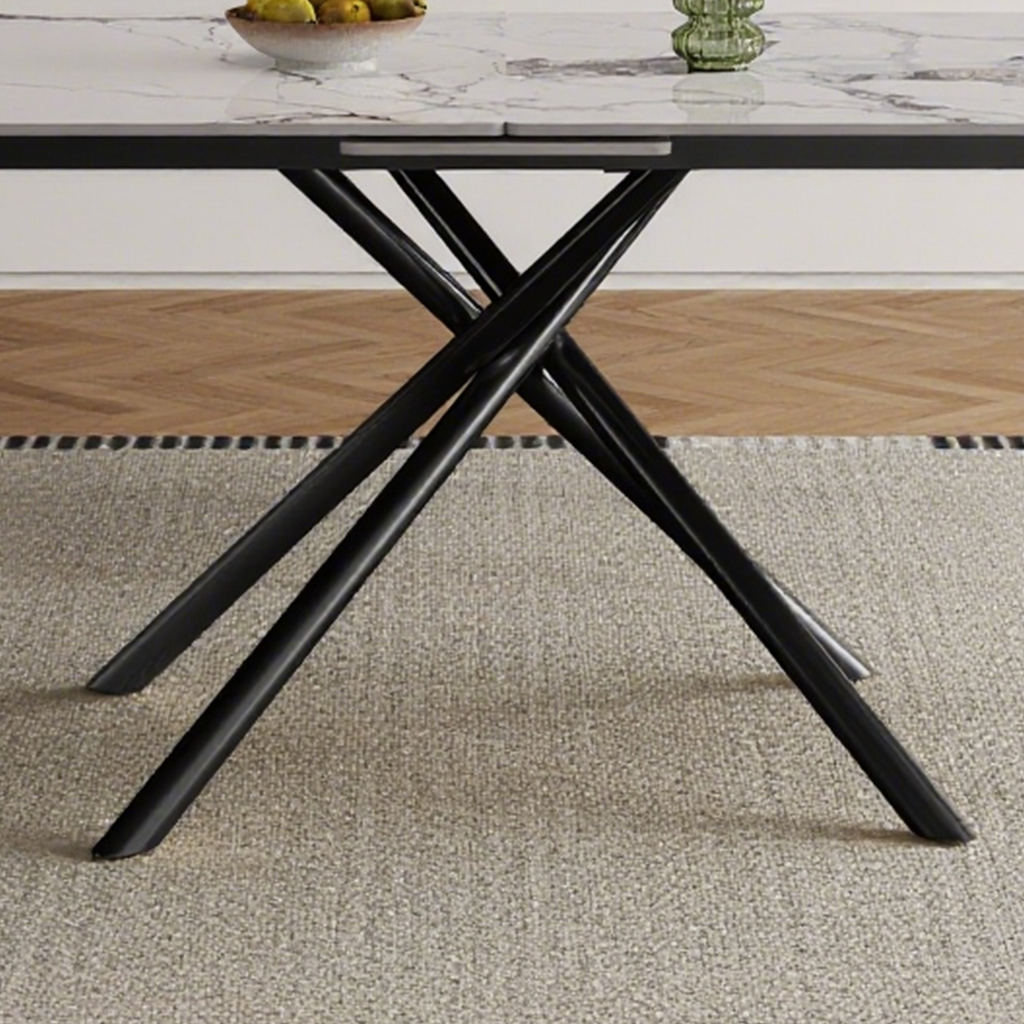 59-inch Modern rectangle Expandable Dining Table with Retractable Leaf, Sintered Stone Top & Black Carbon Steel X-Base, Sturdy 4-6 Person Table for Small Apartments, Kitchen, Dining Room
