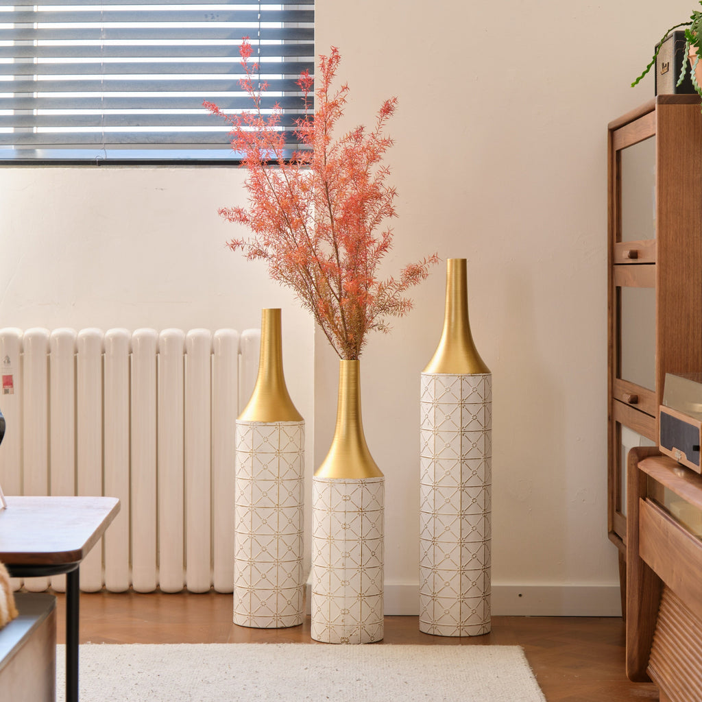 Floor Metal Vases Decorated White Metal Vases Set of 3 Gorgeous Home Decoration Large Glazed Metal Vases 24in/28.7in/33.5in Height