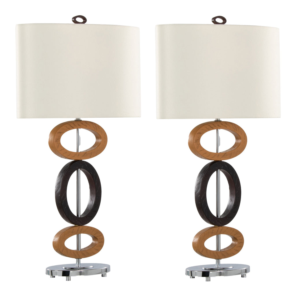 Hoops 29' Polyresin Table Lamp in Cedar Wood and Bronze Polyresin with Chrome Metal Accents and White Linen Shade from Grandview Gallery by LumiSource - Set of 2