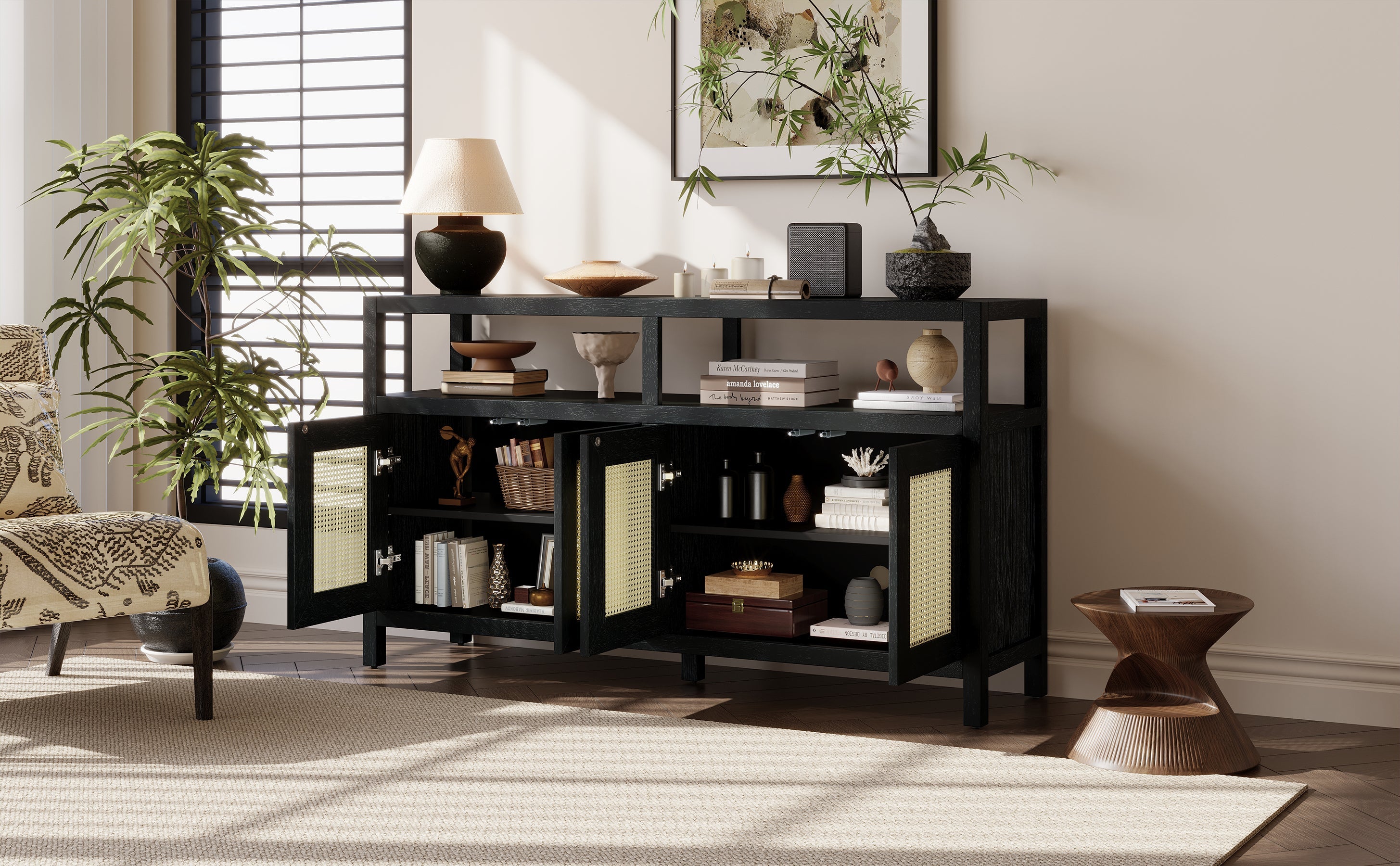 TREXM Bohemian Style Rattan Buffet Storage Cabinet with Solid Wood Frame, Sideboard with 3-position Adjustable Shelves for Living & Dining Rooms, No-Handle Push-to-Open Design (Black)