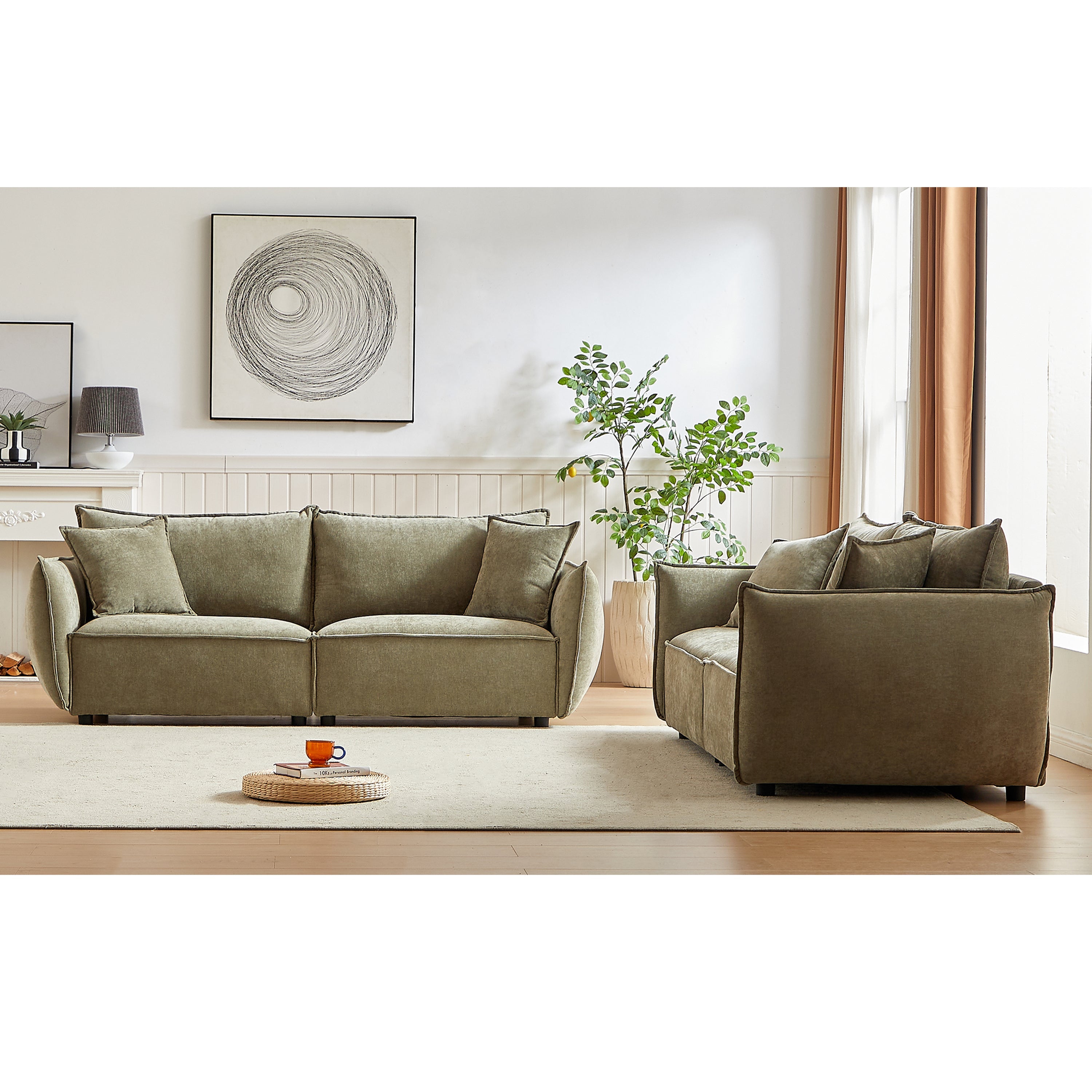 3-Seater + 3-Seater Combo Sofa Modern Living Room Sofa, Linen Fabric Sofa, Wooden Frame with 4 Pillows, Apartment Sofa Furniture