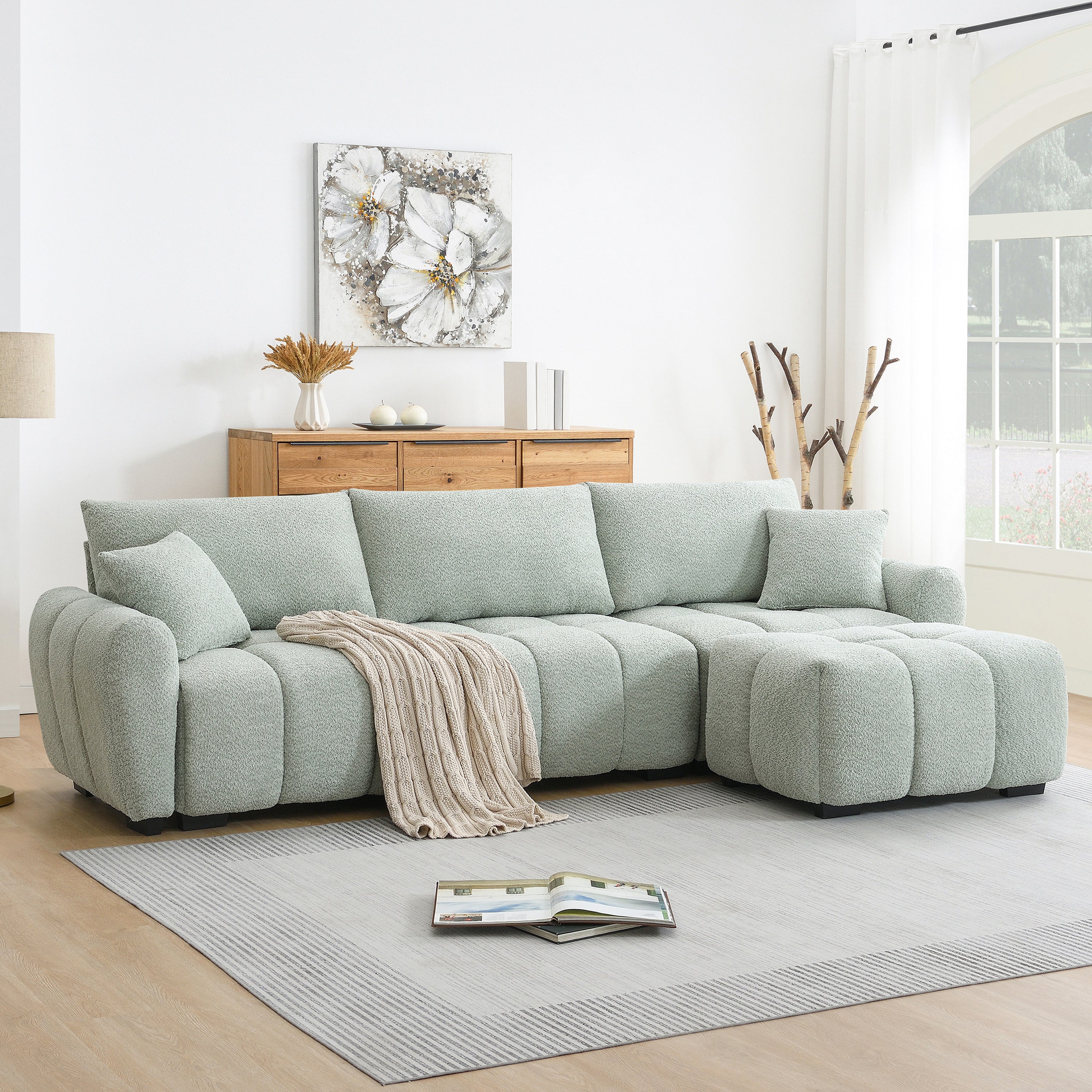 110' Modular Sectional Sofa, L Shape with Extra-large Seat, Pull-line Design, Movable Ottoman, High Density Foam, Free Combination, Sturdy Metal&Wood Frame, Boucle Fabric, 3 Colors