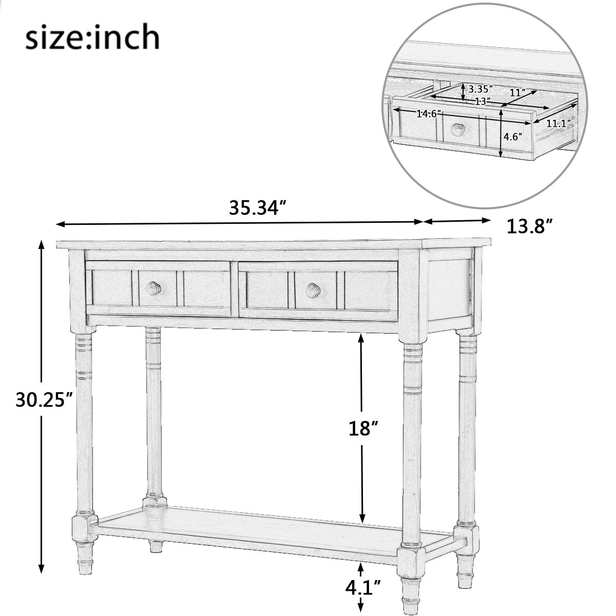 TREXM Daisy Series Console Table Traditional Design with Two Drawers and Bottom Shelf (Ivory White)