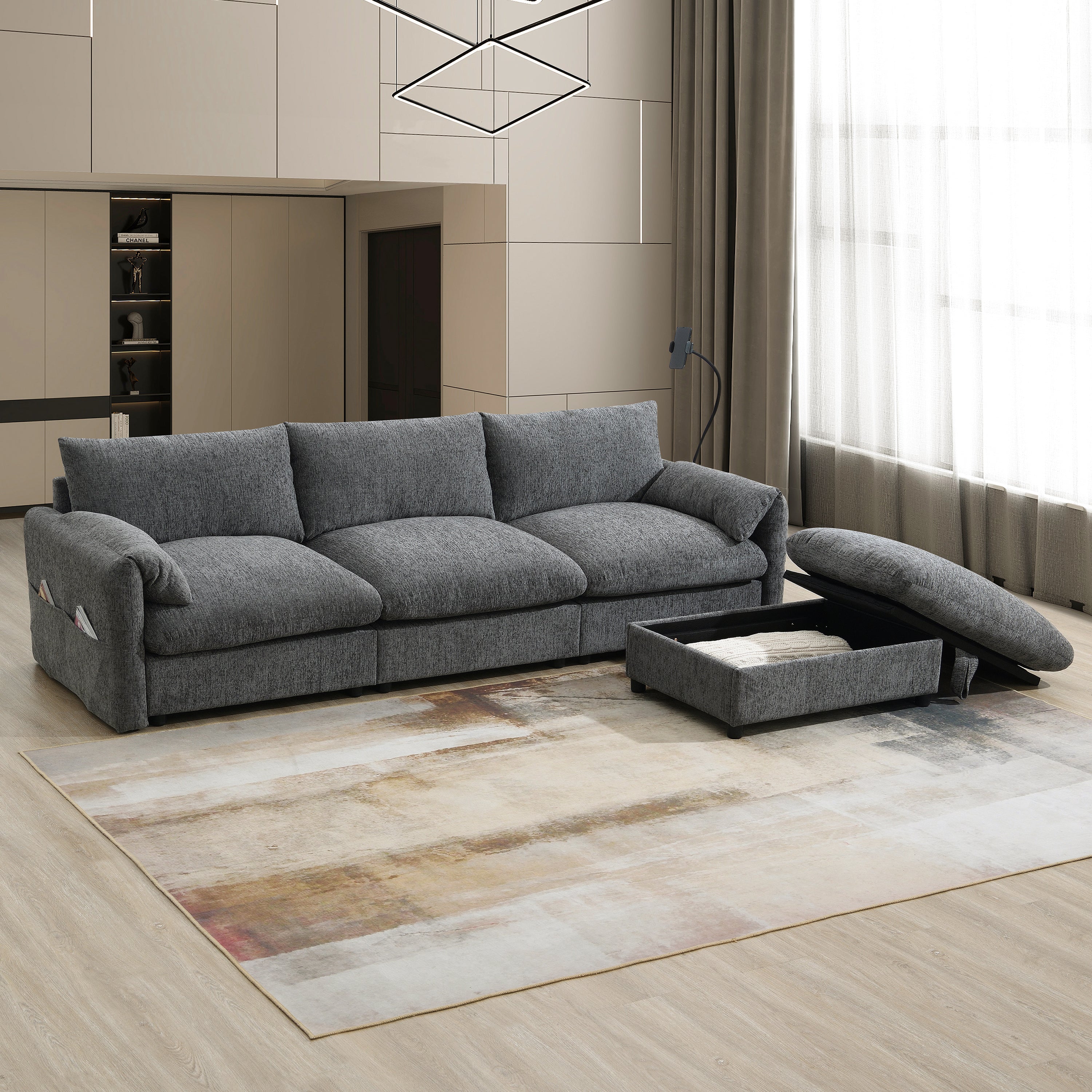 96.5'' Chenille Sectional Sofa with Storage Ottoman and Pockets,Adjustable Phone Holder,Wide Seat,4 Seat L Shaped Couch Set,Comfy Sofa with USB Charger for Living Room,Apartment,3 Colors