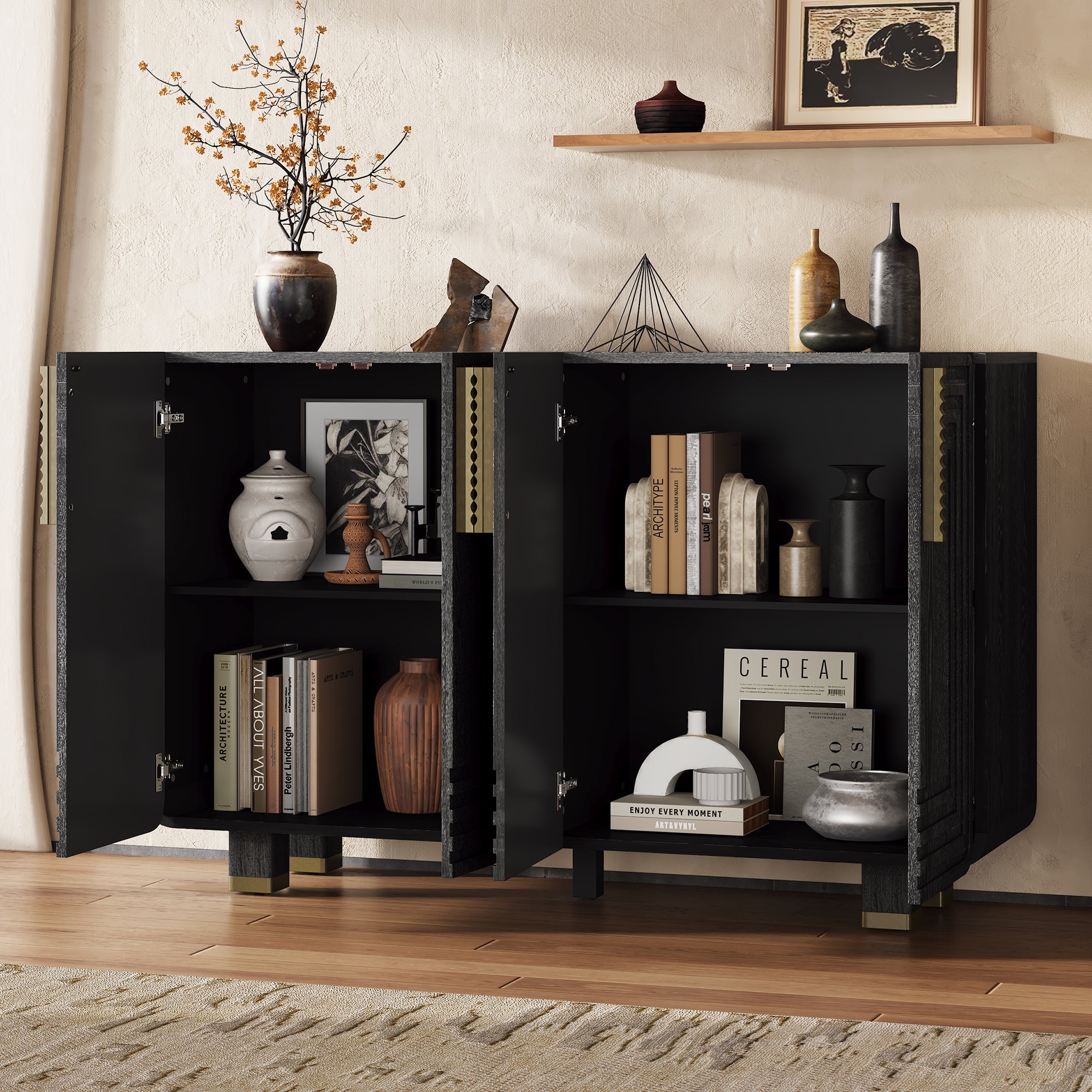 TREXM 54' Retro Buffet Cabinet with Storage, 4-Door Vintage Fluted Sideboard Cabinet with Adjustable Shelves for Dining Room, Kitchen, and Living Room (Black)