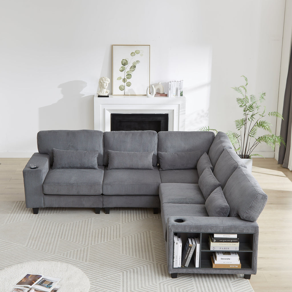 102.75*102.75' L-Shaped Modular Sectional Sofa, Modern Corduroy Sectional Sofa, Arm with Storage With Cup Holder 5-Seat Convertible Sectional Sofa for Living Room, Bedroom, Lounge and Projection Room