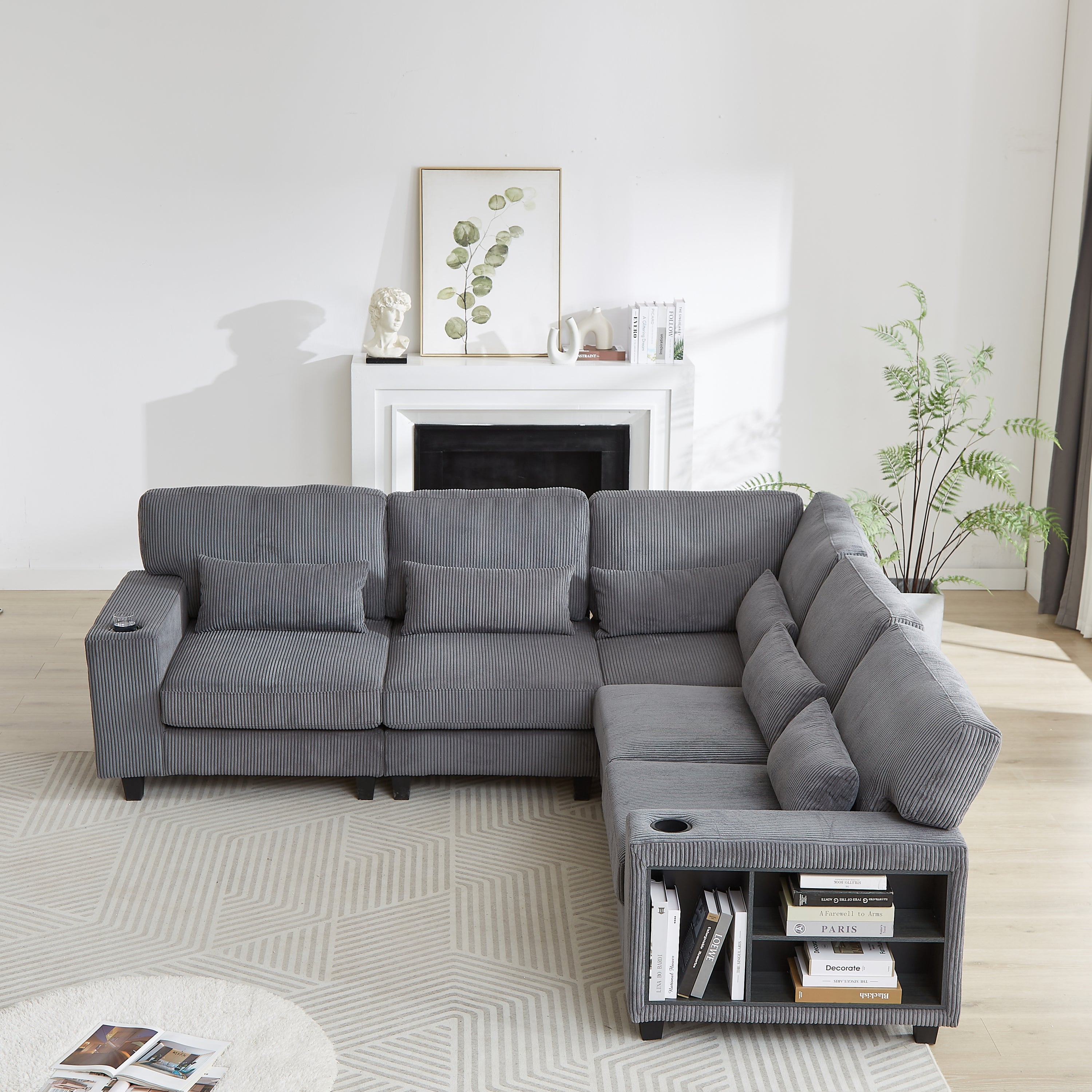 102.75*102.75' L-Shaped Modular Sectional Sofa, Modern Corduroy Sectional Sofa, Arm with Storage With Cup Holder 5-Seat Convertible Sectional Sofa for Living Room, Bedroom, Lounge and Projection Room
