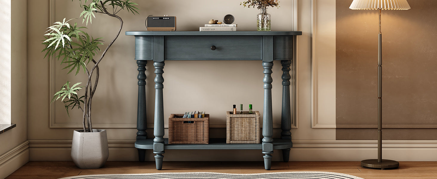 TREXM Narrow Console Table with Curved Corner, Retro Entryway Table with Top Drawer and Open Shelf, Sofa Table Console Tables for Entryway, Hallway and Living Room (Navy)