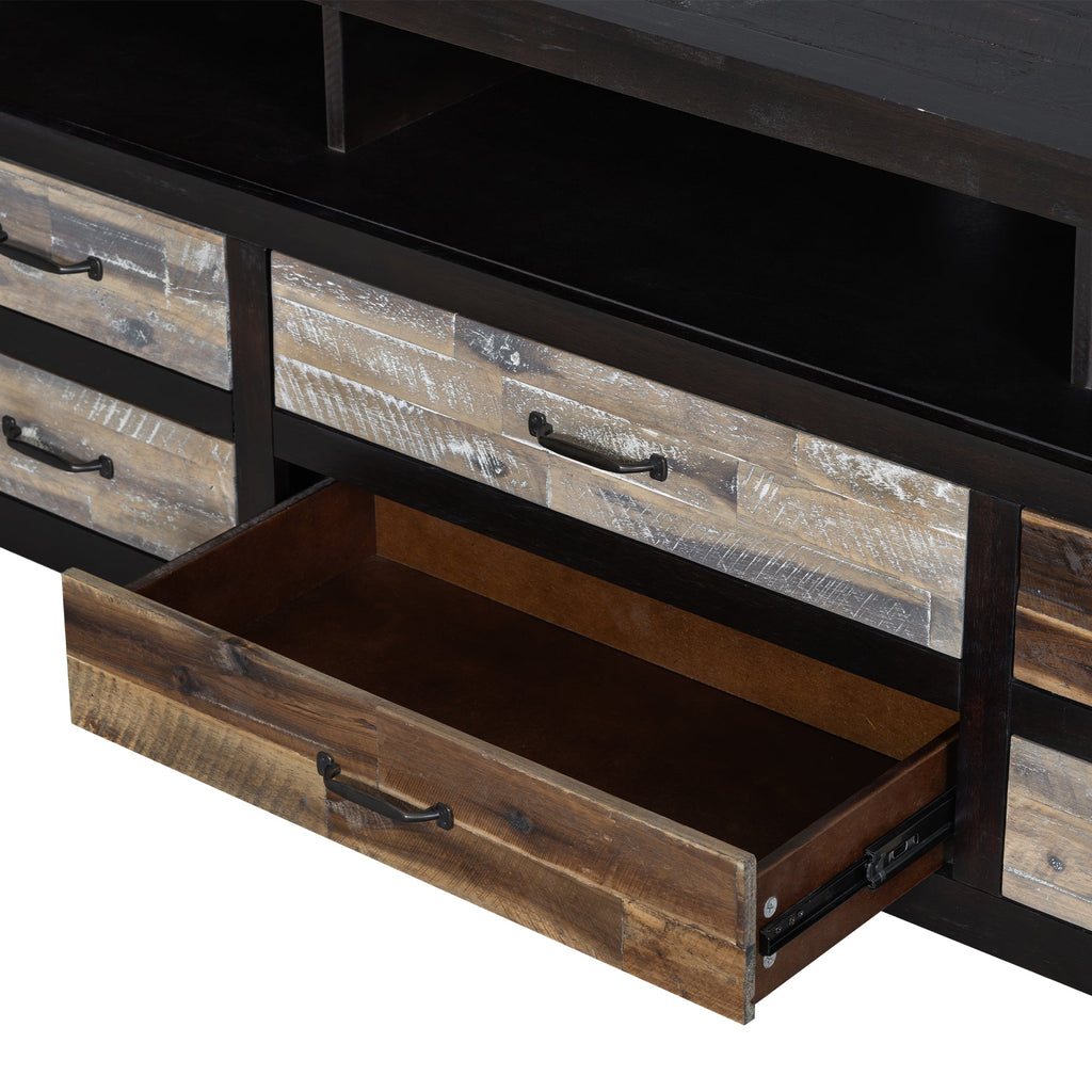 U-Can Retro Distressed Wooden TV Stand for TVs up to 65 Inches, Entertainment Center Media Console with 6 Drawers and 3 Shelves for Living room, Black