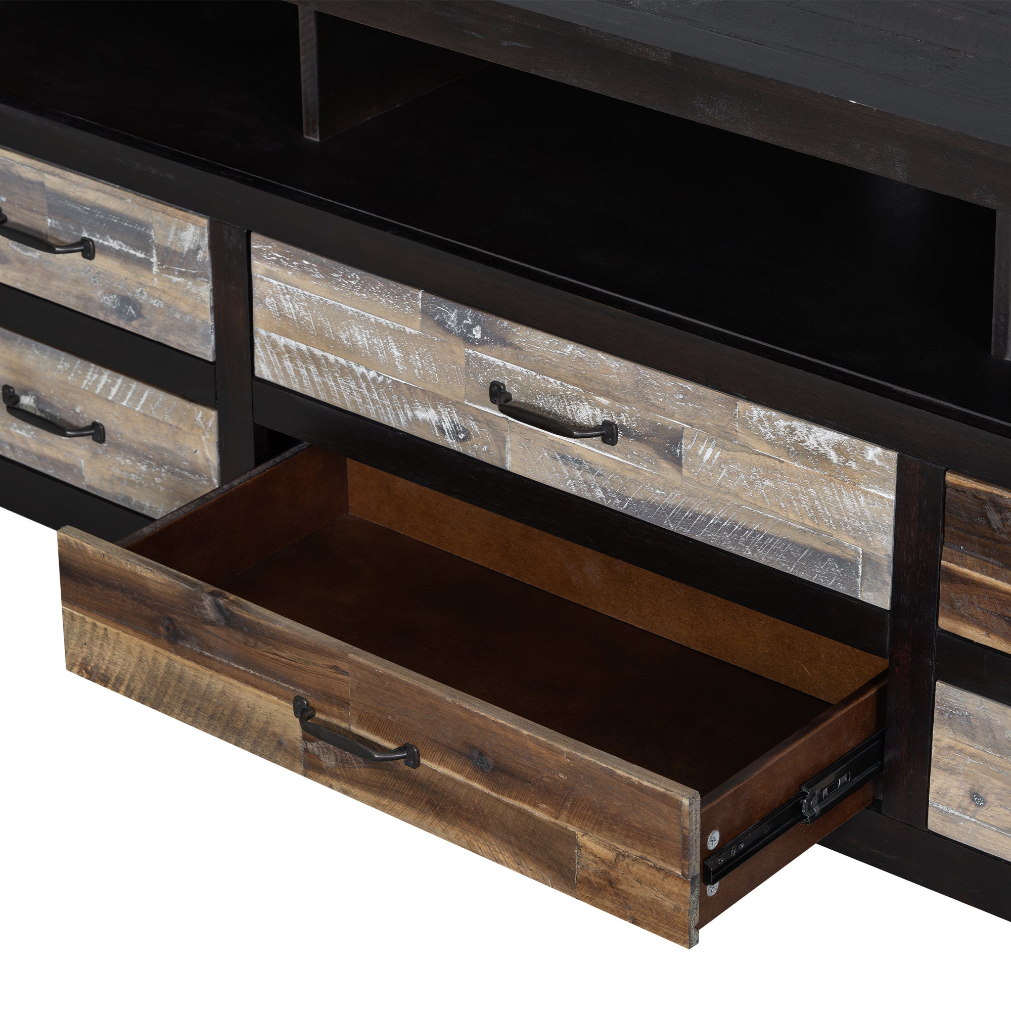 U-Can Retro Distressed Wooden TV Stand for TVs up to 65 Inches, Entertainment Center Media Console with 6 Drawers and 3 Shelves for Living room, Black