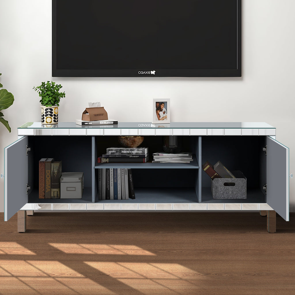 47 Inch Mirror TV Media Console with Diamond Glass Doors, Dual Door Design and Open Storage Space, Compatible with 50-Inch TVs&Modern Decor for Living Room & Bedroom
