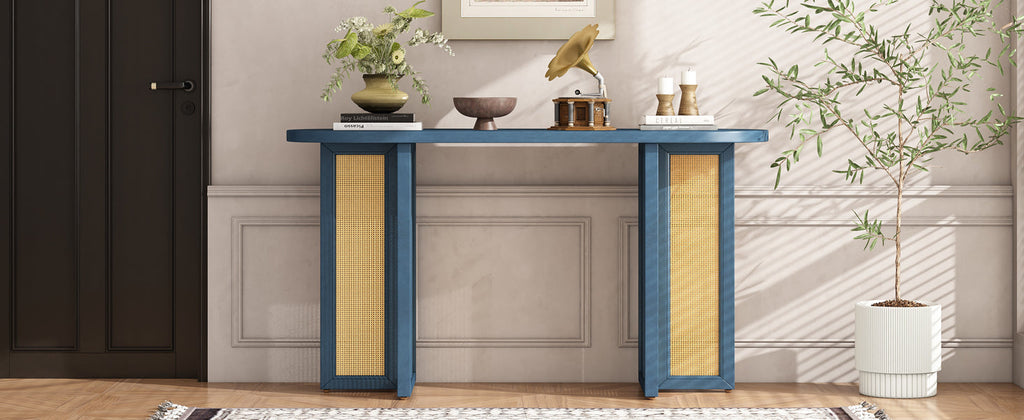 TREXM Farmhouse Rattan Console Table Entryway Table, Narrow Console Table with Storage, Hallway Table for Living Room, Entrance (Navy)
