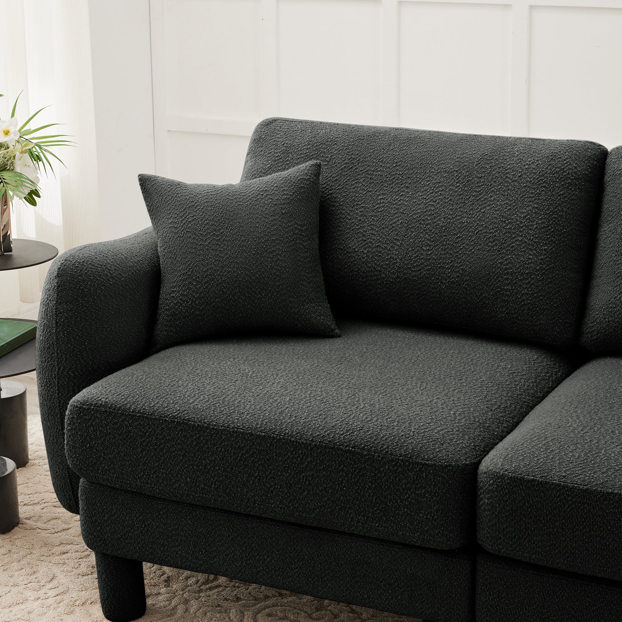 Boucle Fabric U Shape Sectional 4-seater Sofa Couch With Distinctive Shell-shaped Armrests And 2 Movable Ottomans,Cylindrical Legs Wrapped with Self-fabric,Dark Grey  Color