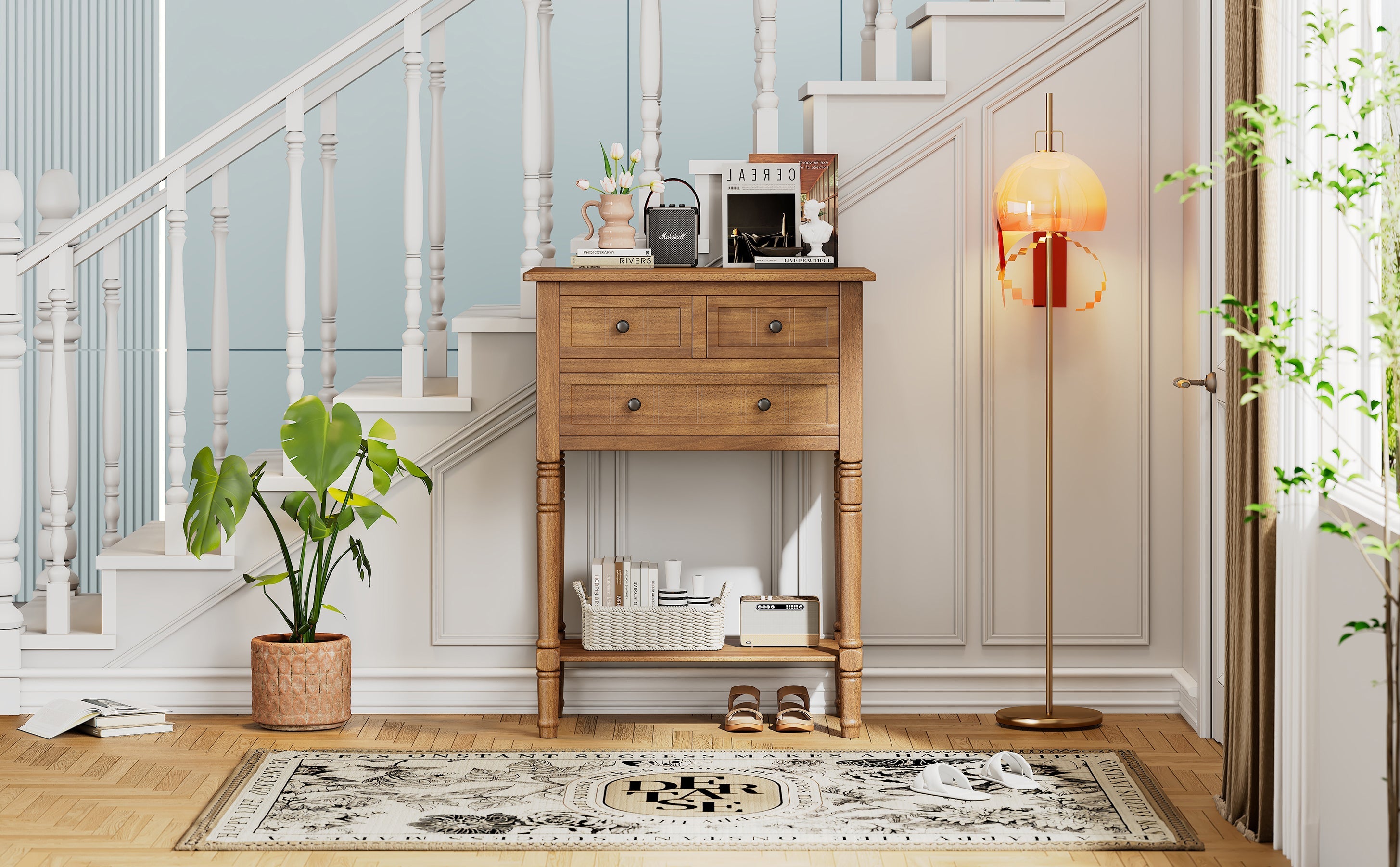 TREXM Narrow Console Table, Slim Sofa Table with Three Storage Drawers and Bottom Shelf (Natural)
