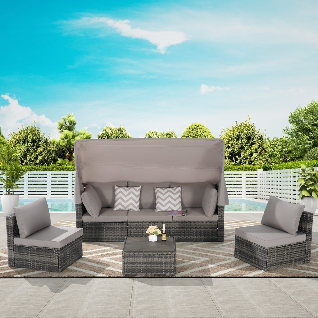 5 Pieces Outdoor Patio Wicker Daybed Furniture Set with Retractable Canopy, Storable Side Table, and Soft Cushions for Relaxing in Your Backyard or Porch