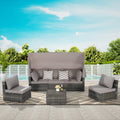 5 Pieces Outdoor Patio Wicker Daybed Furniture Set with Retractable Canopy, Storable Side Table, and Soft Cushions for Relaxing in Your Backyard or Porch
