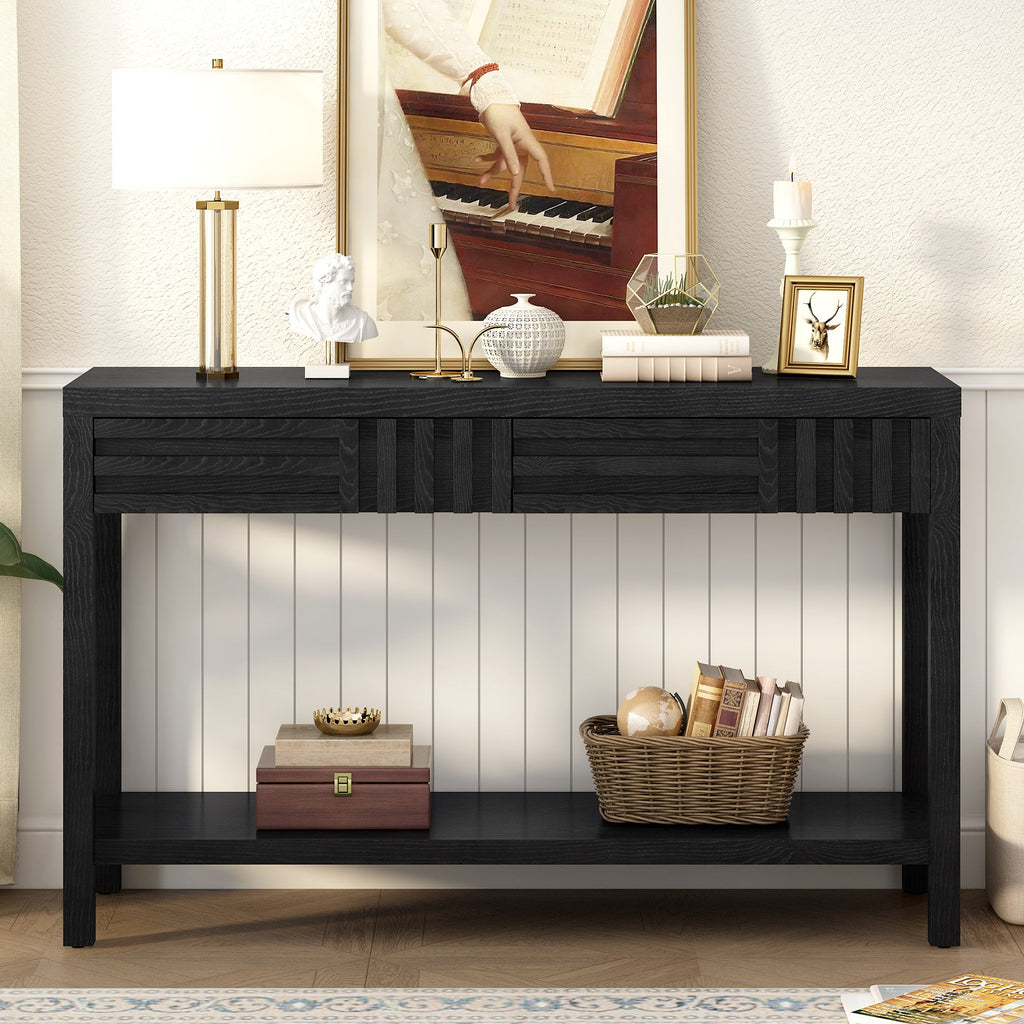 U_STYLE Modern Ash Veneer Console Table, Classic Striped Design, with 2 Drawers & Open Shelf, Perfect for Living Room, Hallway, Entryway, Study Room