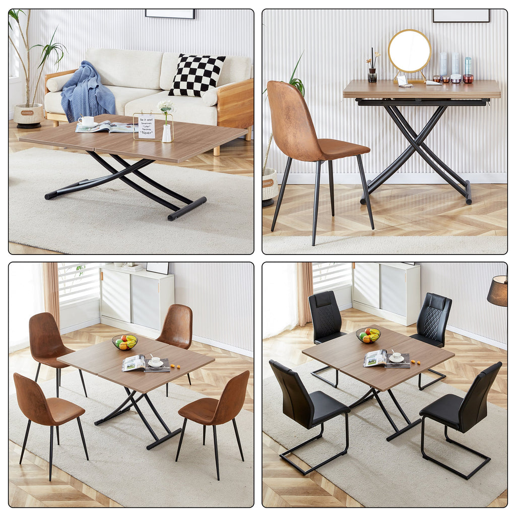 Modern minimalist multifunctional lifting table, with a 0.8-inch wood grain process sticker desktop and black metal legs, can be used as a dressing table, coffee table, dining table, and office table