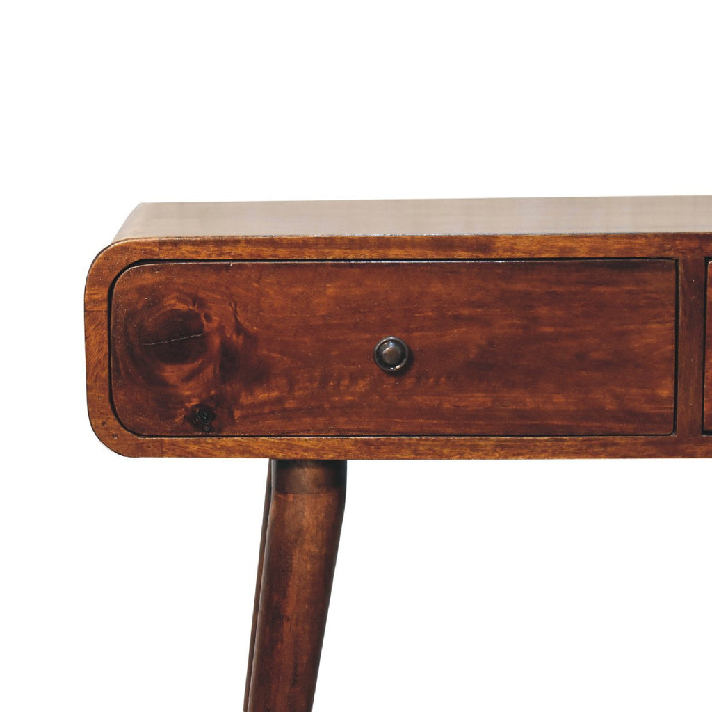 Solid Wood Chestnut Curved Hallway Table, 2-Drawers, Nordic Legs, Dark Brown