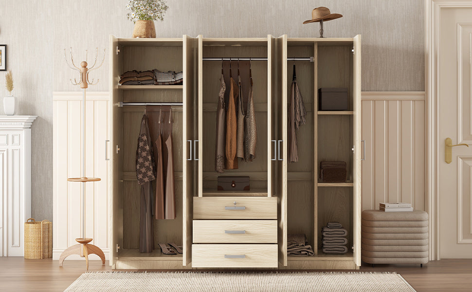 6-Doors Wooden Wardrobe Storage for Bedroom, with Big Drawers, Gray