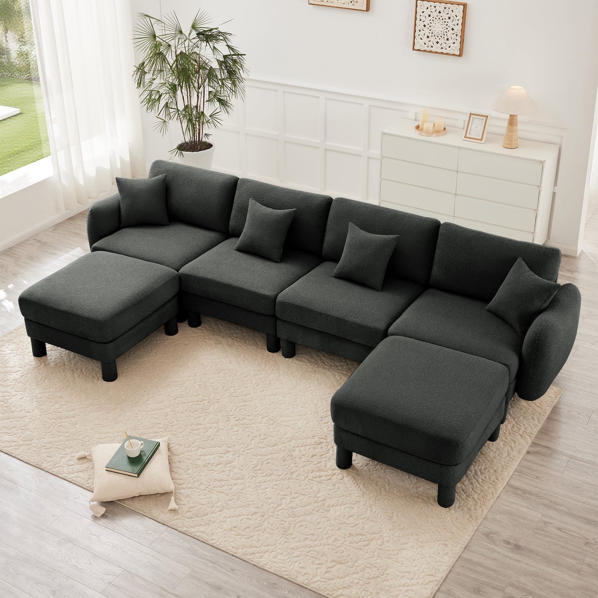 Boucle Fabric U Shape Sectional 4-seater Sofa Couch With Distinctive Shell-shaped Armrests And 2 Movable Ottomans,Cylindrical Legs Wrapped with Self-fabric,Dark Grey  Color