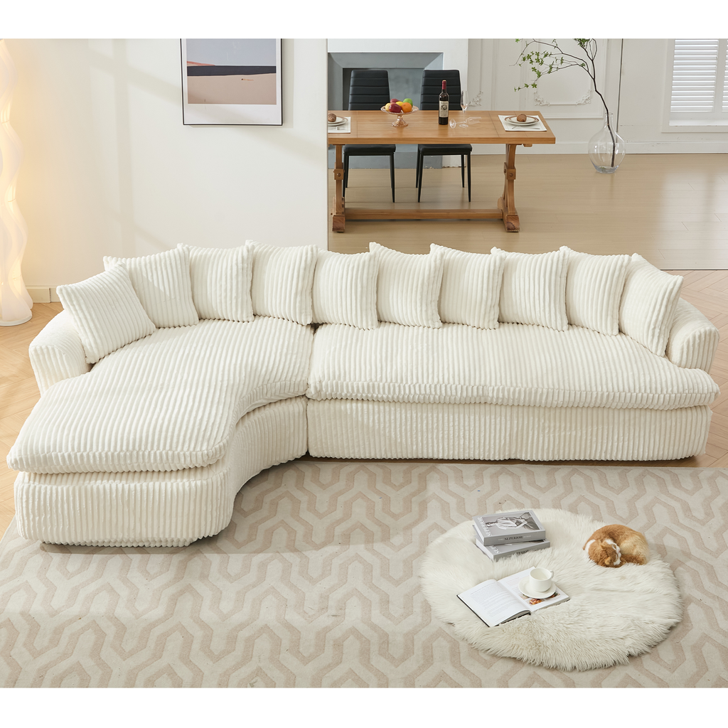 127''  Large Sectional Sofa ,Elegant Curved Design ,High-Resilience Foam ,Ten Back Cushions,L-Shape Left Sofa,No Assembly  Required , (Beige-Soft Corduroy Fabric)