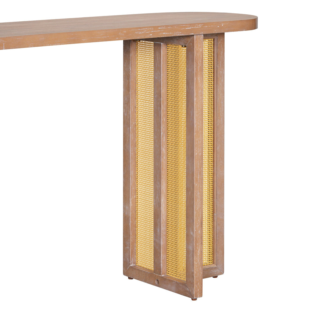 TREXM Farmhouse Rattan Console Table Entryway Table, Narrow Console Table with Storage, Hallway Table for Living Room, Entrance (Natural Wood Wash)