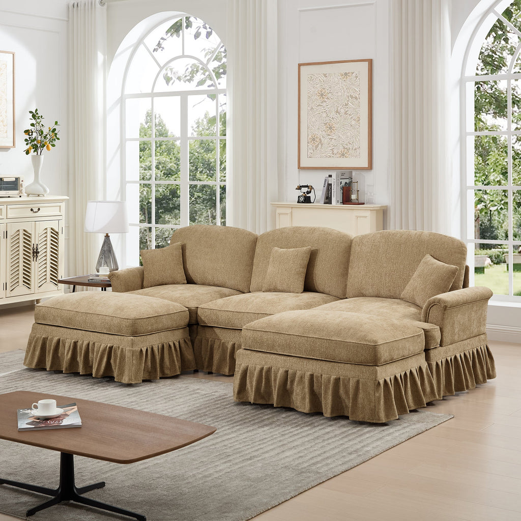 Classic Comfy Modular U Shape Sectional Sofa Couch with Flared Arms and Removable Ruffles Pleats Skirts and Spindle Legs, Upholstered Chenille Deep Seat Cloud Sofa with Movable Ottomans, Light Coffee
