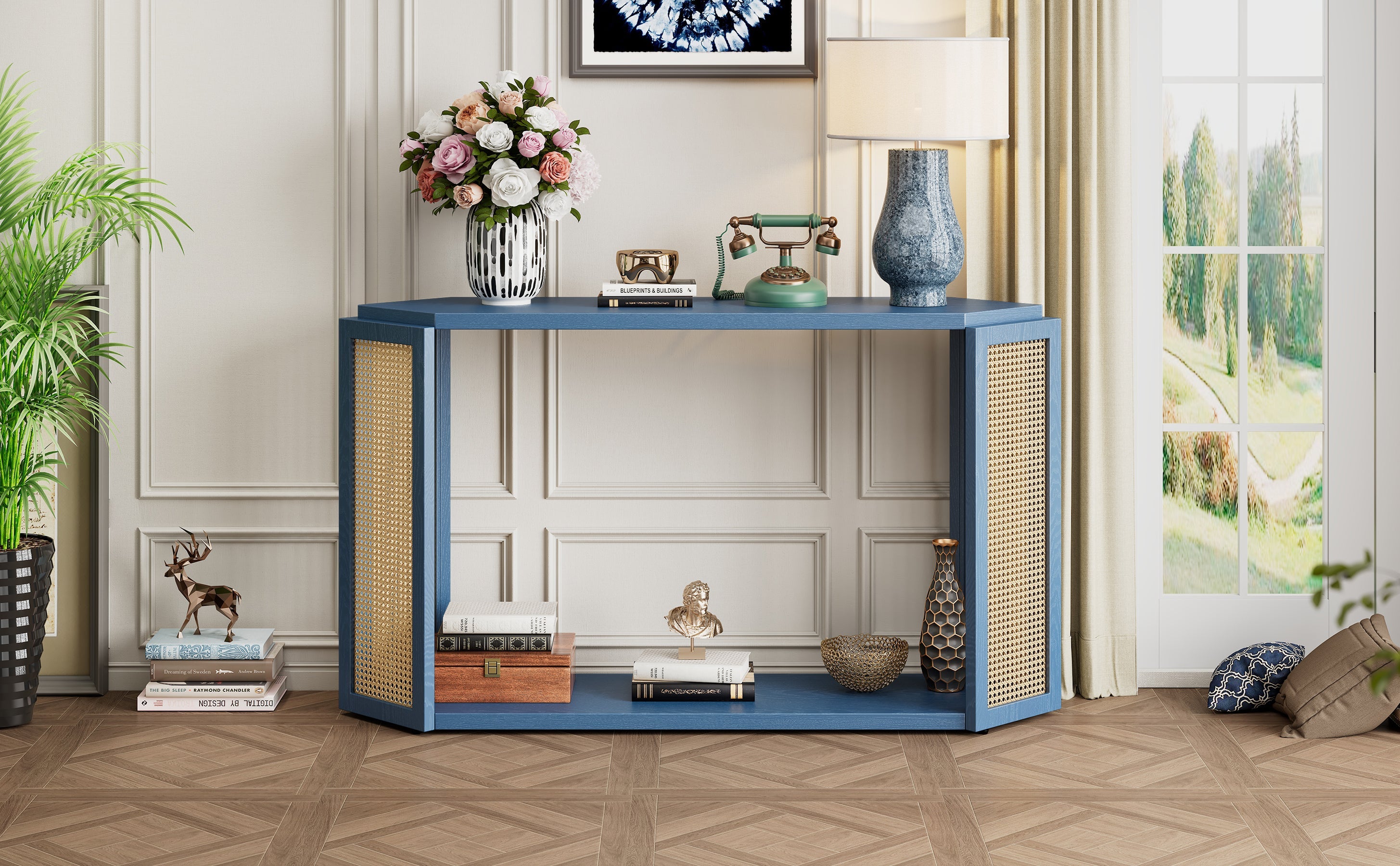 TREXM Narrow Console Table with Unique Irregular Top Design, Entryway Table with Open Shelf, Rattan Sofa Table for Living Room Hallway and Entrance (Antique Blue)