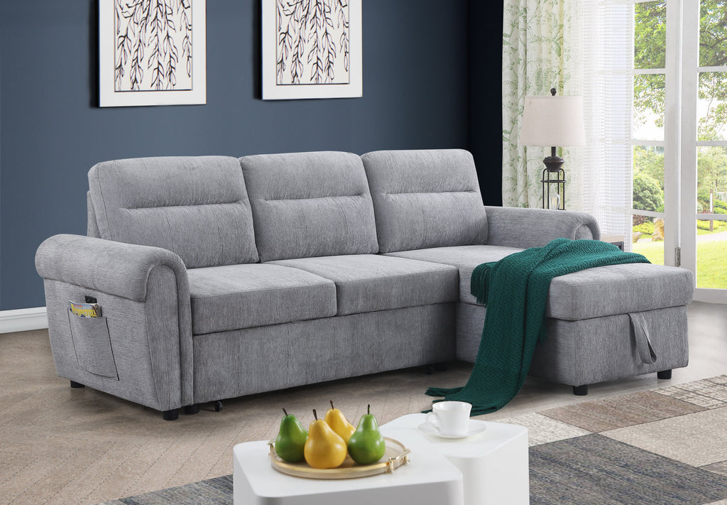 Hugo 97'W Light Gray Chenille Reversible Sleeper Sectional Sofa Chaise with USB Chargers, Phone/Magazine Pockets