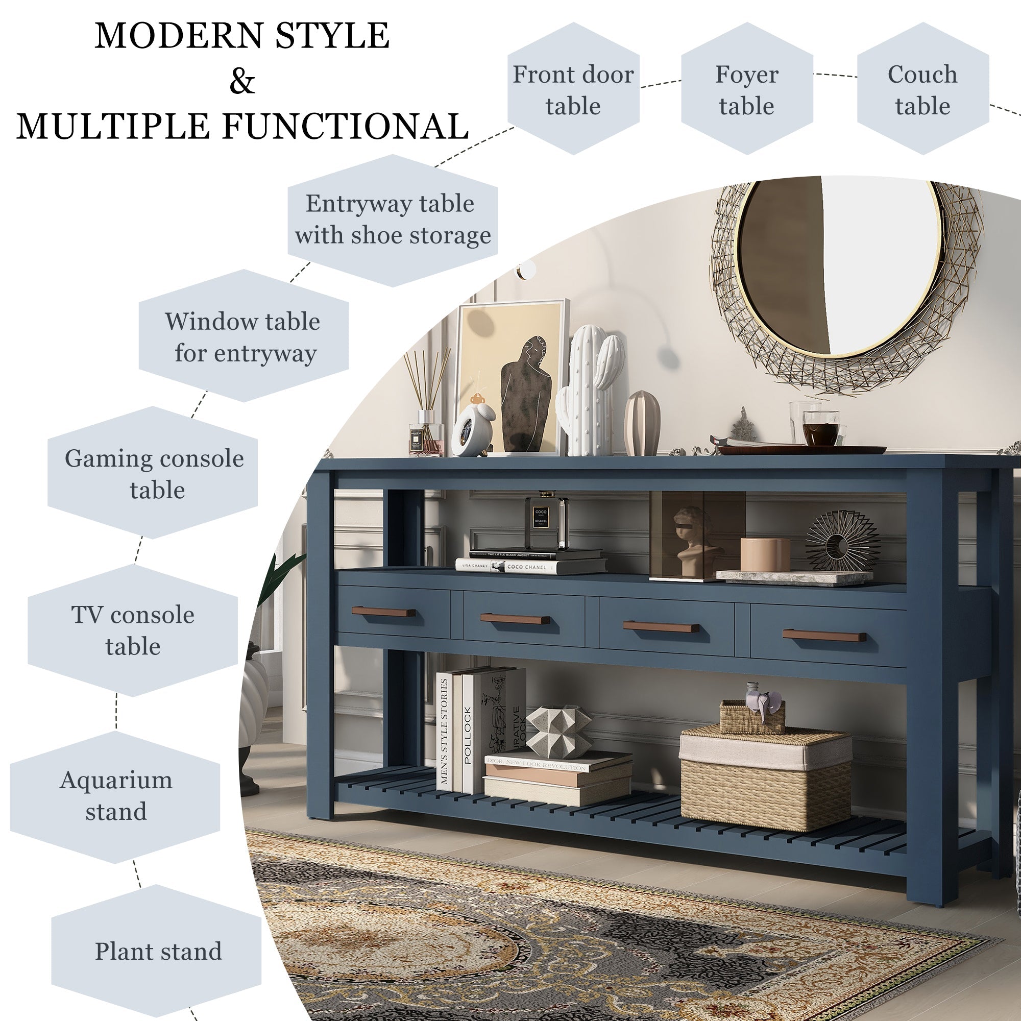 U_STYLE 62.2''Large Entryway Table with 4 Drawers,Painted Console Table with 3-Tier Open Shelves and Metal Handles,Versatile Hallway Sofa Table for Living Room, Bedroom, Foyer and Kitchen