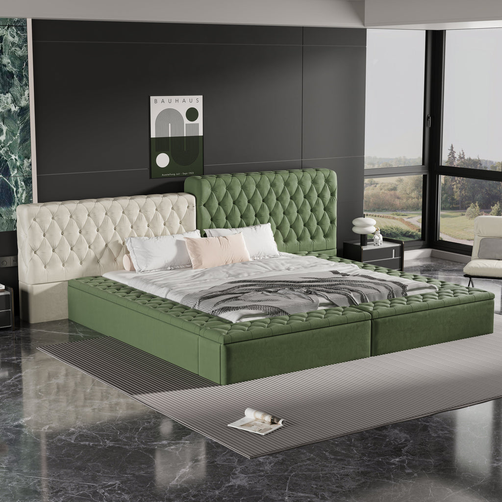Contemporary Special-shaped Fully Upholstered Bed with Deep Button Tufting and Storage Compartments in Rails and Footboard,No Box Spring Needed,King,Green