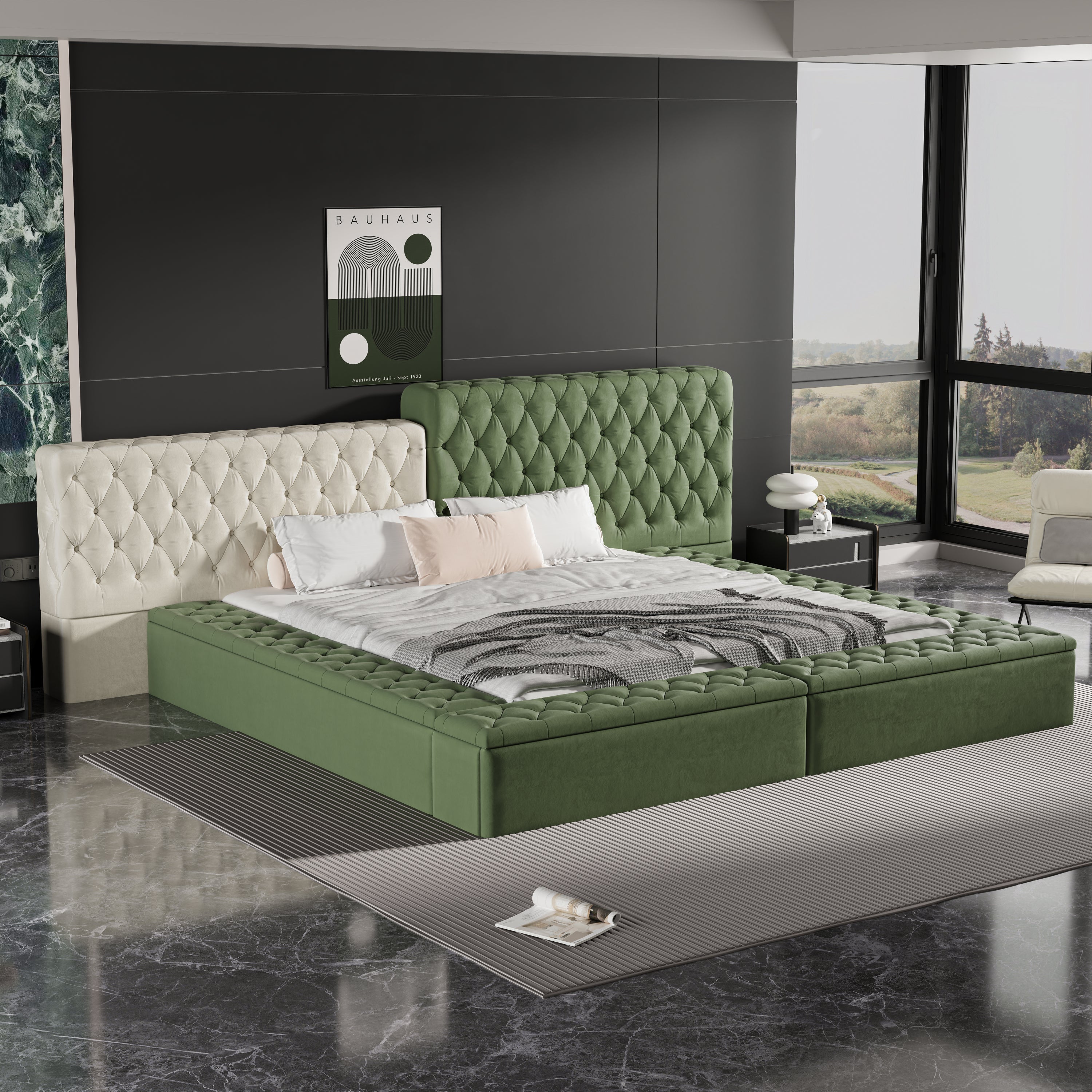 Contemporary Special-shaped Fully Upholstered Bed with Deep Button Tufting and Storage Compartments in Rails and Footboard,No Box Spring Needed,King,Green