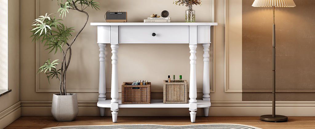 TREXM Narrow Console Table with Curved Corner, Retro Entryway Table with Top Drawer and Open Shelf, Sofa Table Console Tables for Entryway, Hallway and Living Room (White)