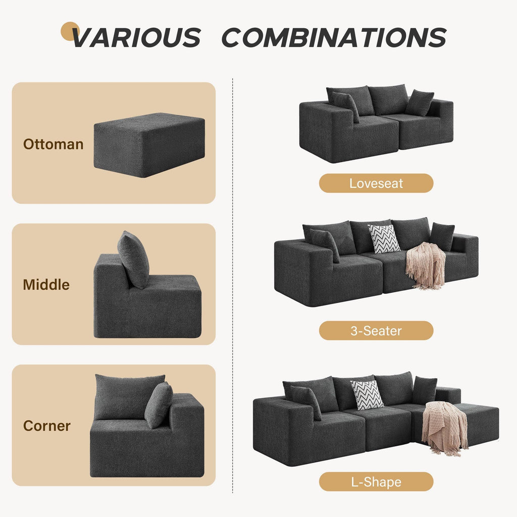103' Modular Sectional Sofa, L Shaped Cloud Sectional Couch with Deep Seats, Modern Boneless Couch with Chaise, No Assembly Foam Couches, Upholstered Couches for Living Room & Bedroom & Game Room