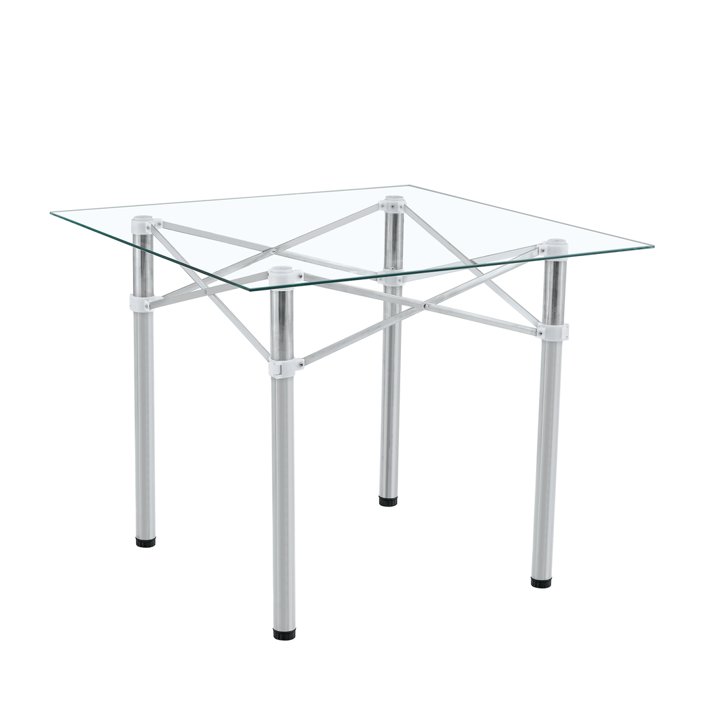 Elegant Expandable Square Glass Table - 36' Clear Tempered Glass, Silver Metal Legs.Telescopic metal legs, transparent square glass tabletop, suction cup attachment connection.