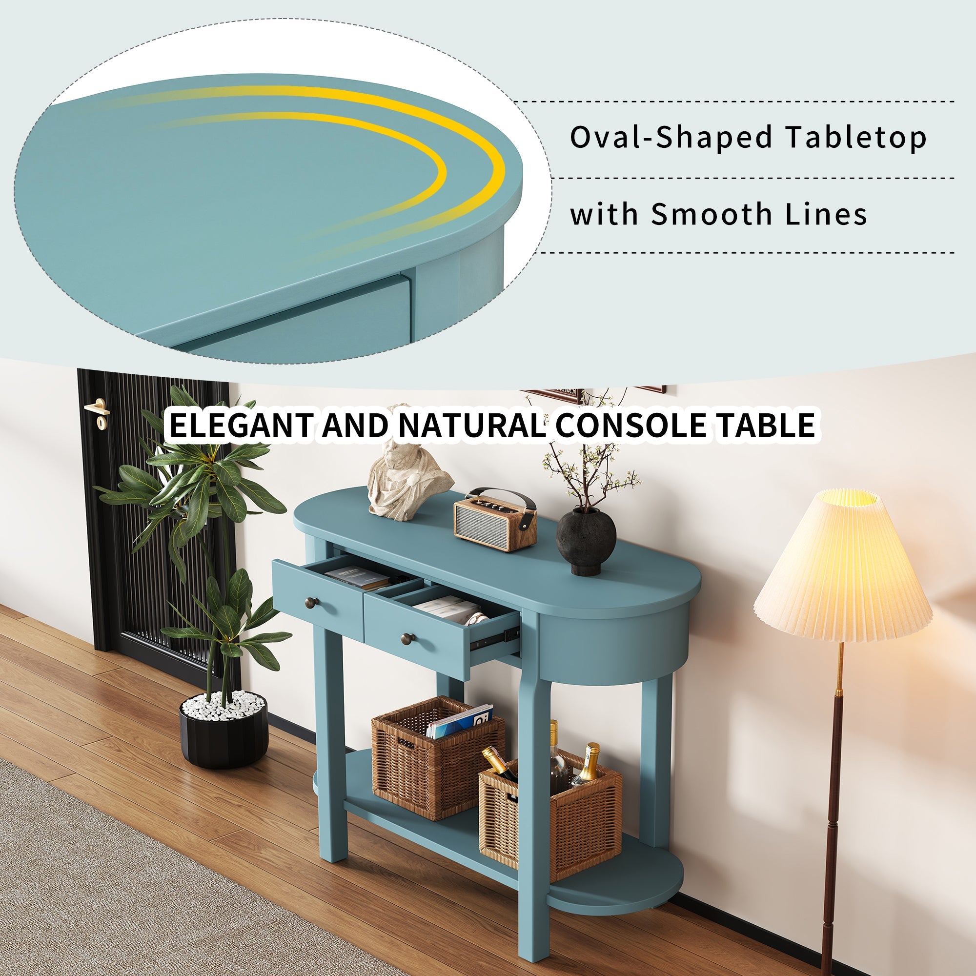 TREXM Elegant Retro Console Table with Curved Design and Smooth Glaze for Entryways, Living Rooms and hallways (Turquoise Green)