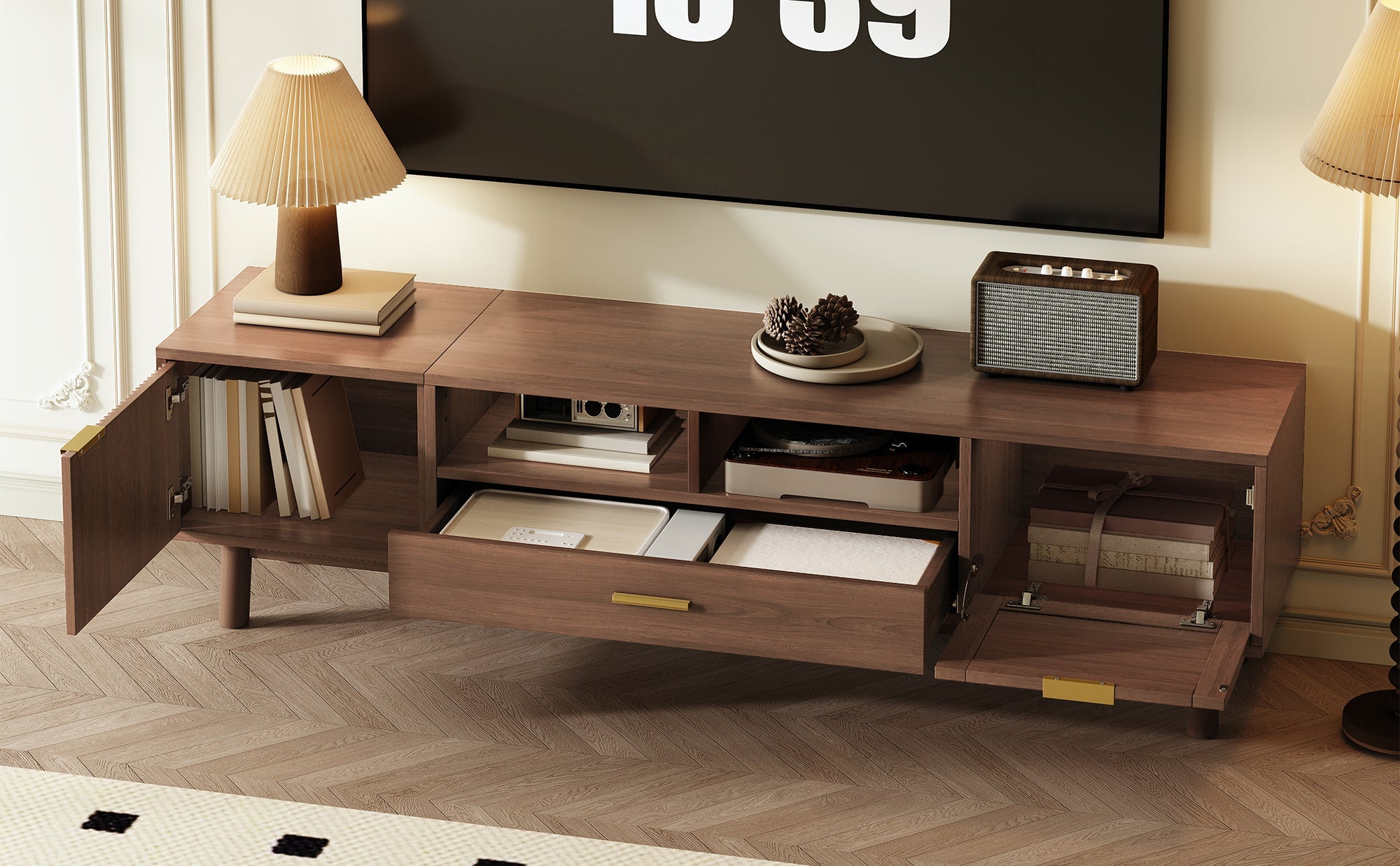 Wood Fashionable TV Stand for 75' TVs, TV Cabinet with Soft-Closing Door and Drop-Down Door Cabinet, Modern TV Consoles for Living Room, Bedroom
