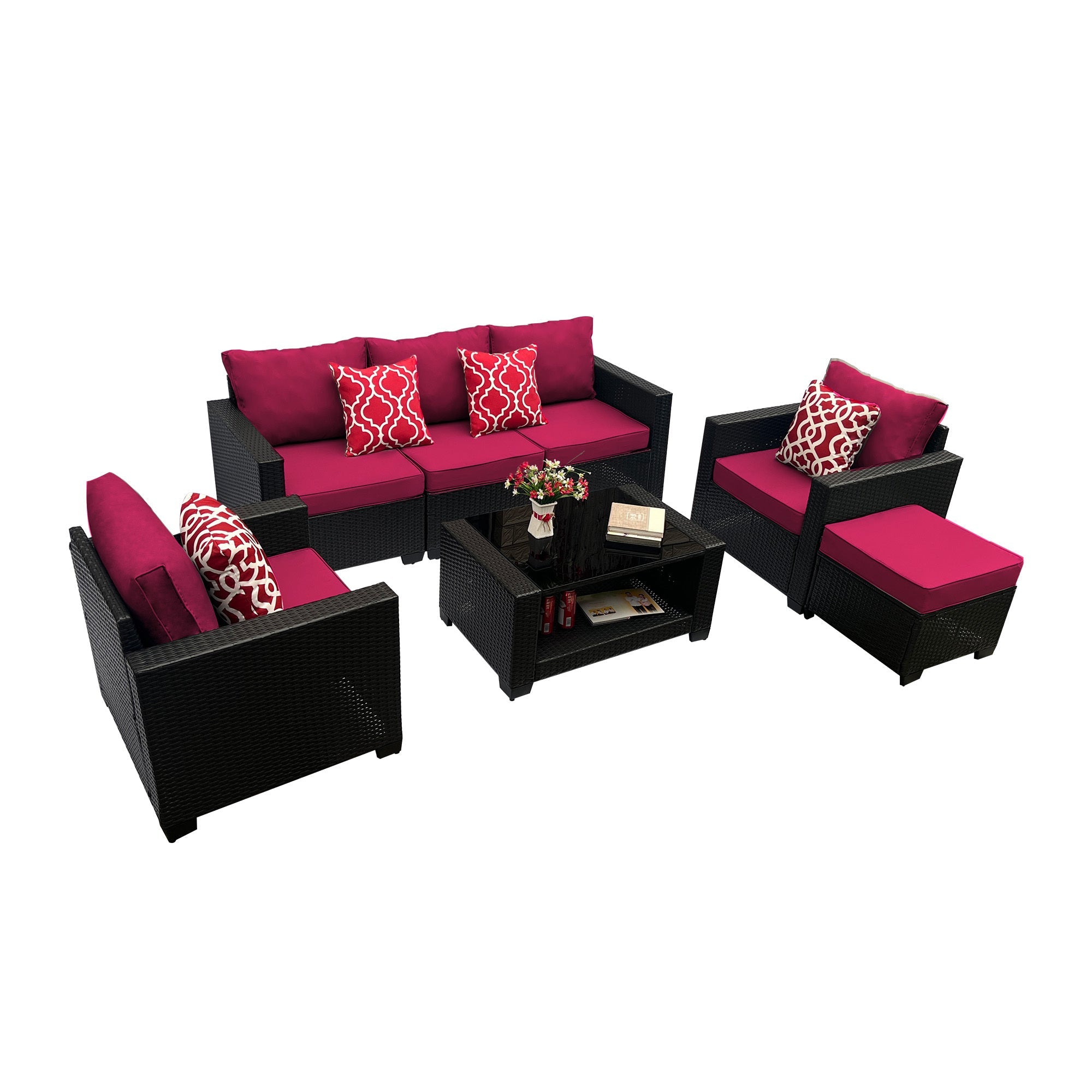 Outdoor Garden Patio Furniture 7-Piece PE Rattan Wicker Cushioned Sofa Sets  and Coffee Table, patio furniture set;outdoor couch;outdoor couch patio furniture;outdoor sofa;patio couch
