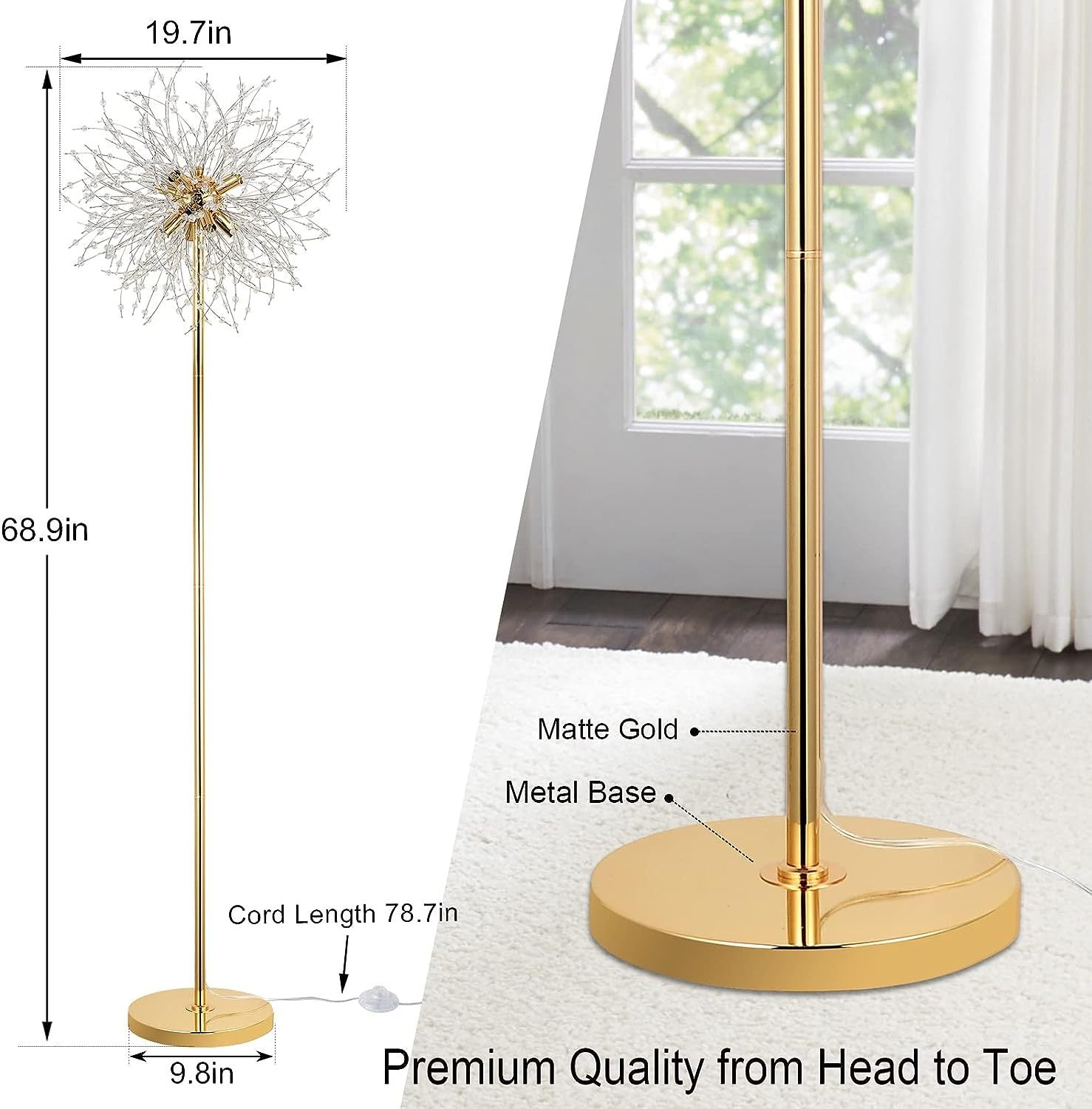 69 inch Crystal Floor Lamp, Modern Standing Lamp with K9 Crystal, LED Floor Lamp with On/Off Foot Switch, Metal Tall Pole Lamp for Living Room, Girls Room, Bedroom, Dresser, Office, Gold Finish