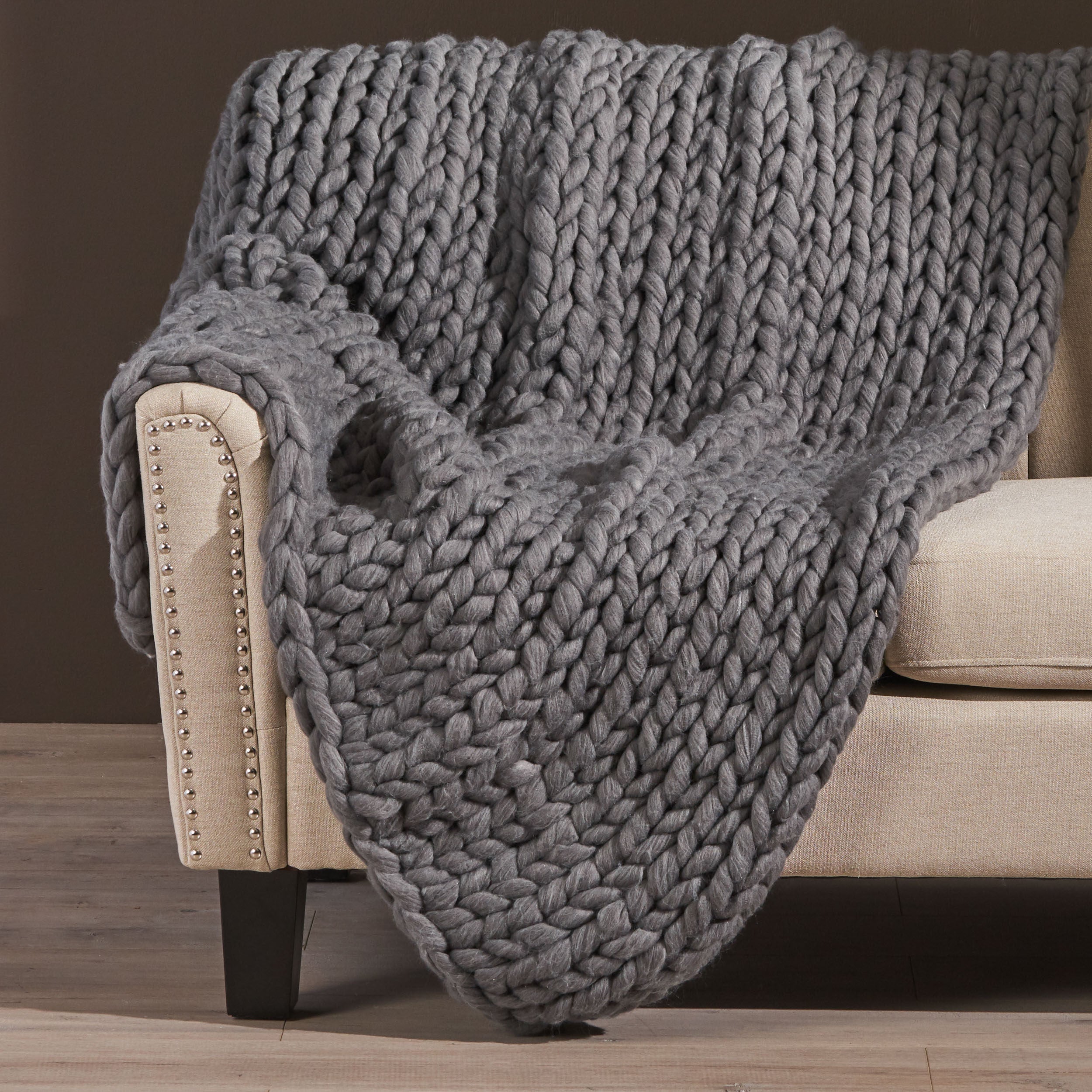 Cozy Knitted Acrylic Throw Blanket with Double Sided Design in Dark Grey, 50x60 Inches