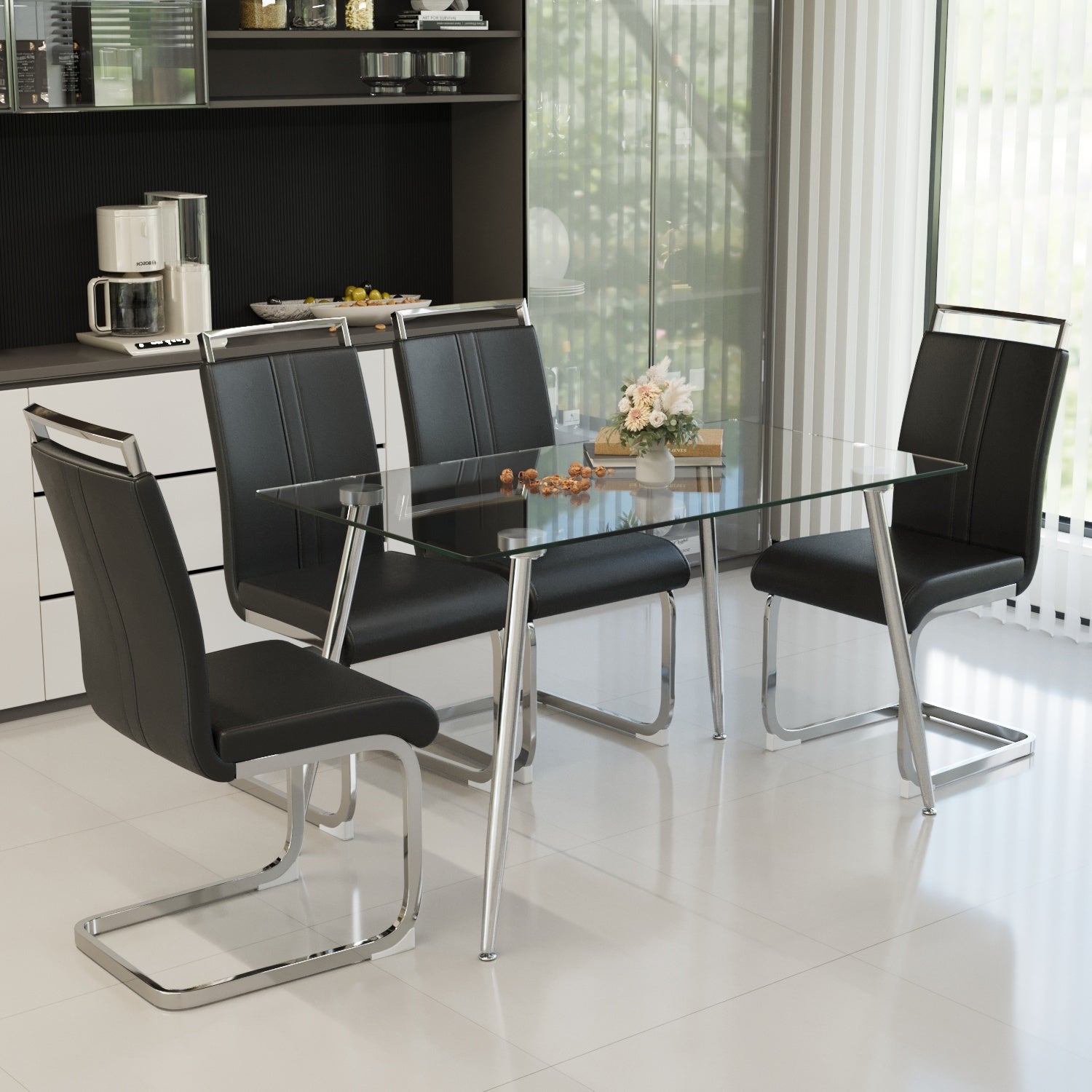 Glass Dining Table, Modern Rectangular Table with Tempered Glass Tabletop & Sliver metal Legs, Simplistic Kitchen Table, Versatile Table for Home Office (0 damage)